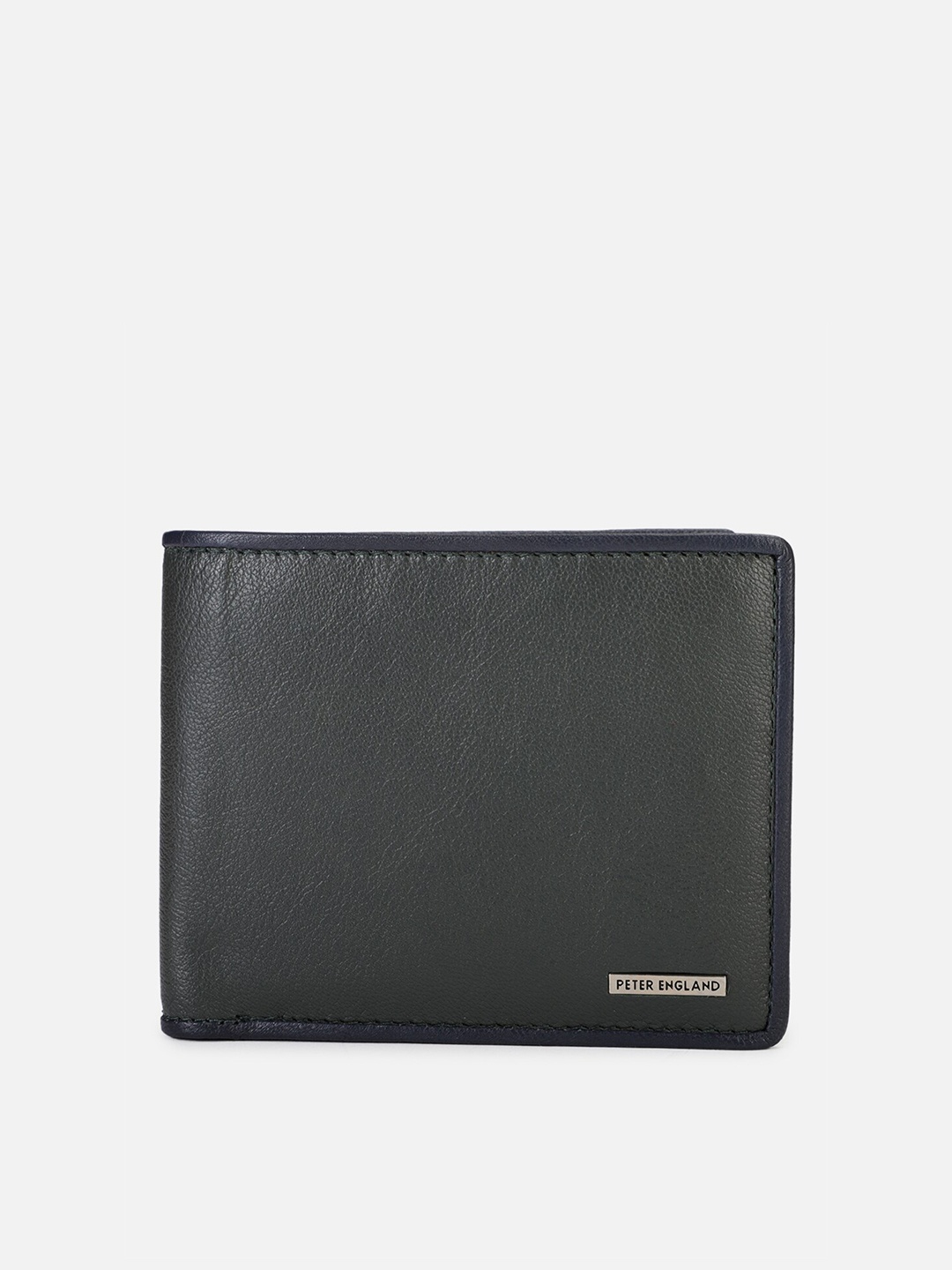 

Peter England Men Green & Steel Leather Two Fold Wallet