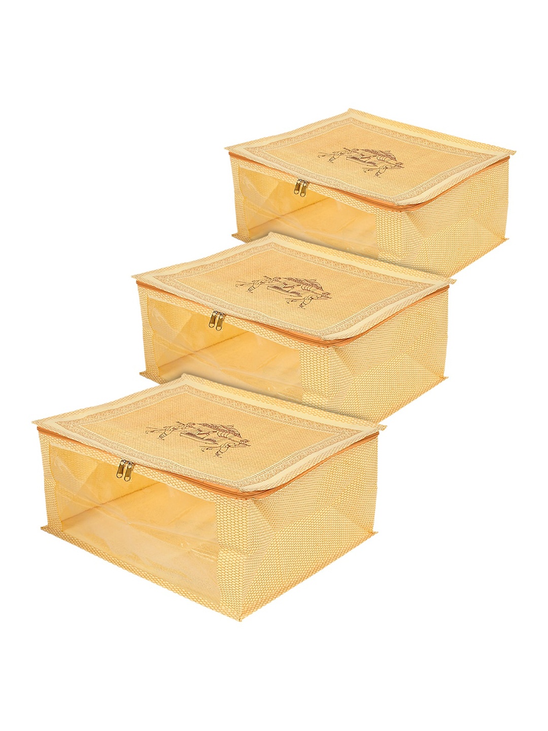 

Kuber Industries Set Of 3 Gold-Toned Foldable Underbed Organizer With Transparent Window