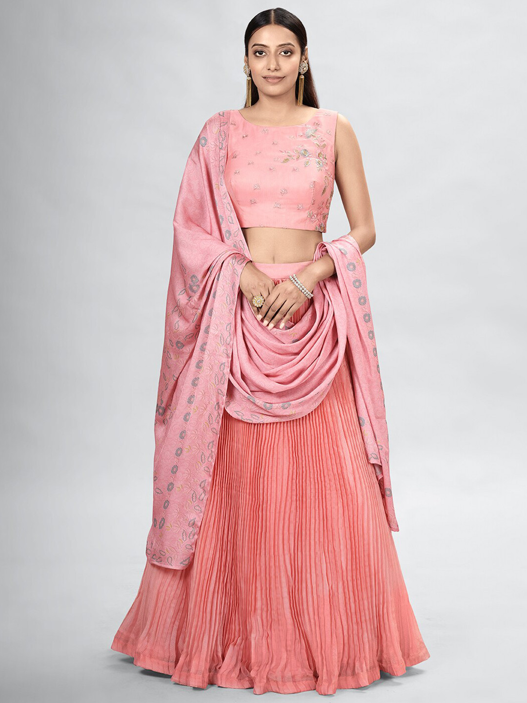 

DRESSTIVE Pink & Grey Embroidered Semi-Stitched Lehenga & Unstitched Blouse With Dupatta