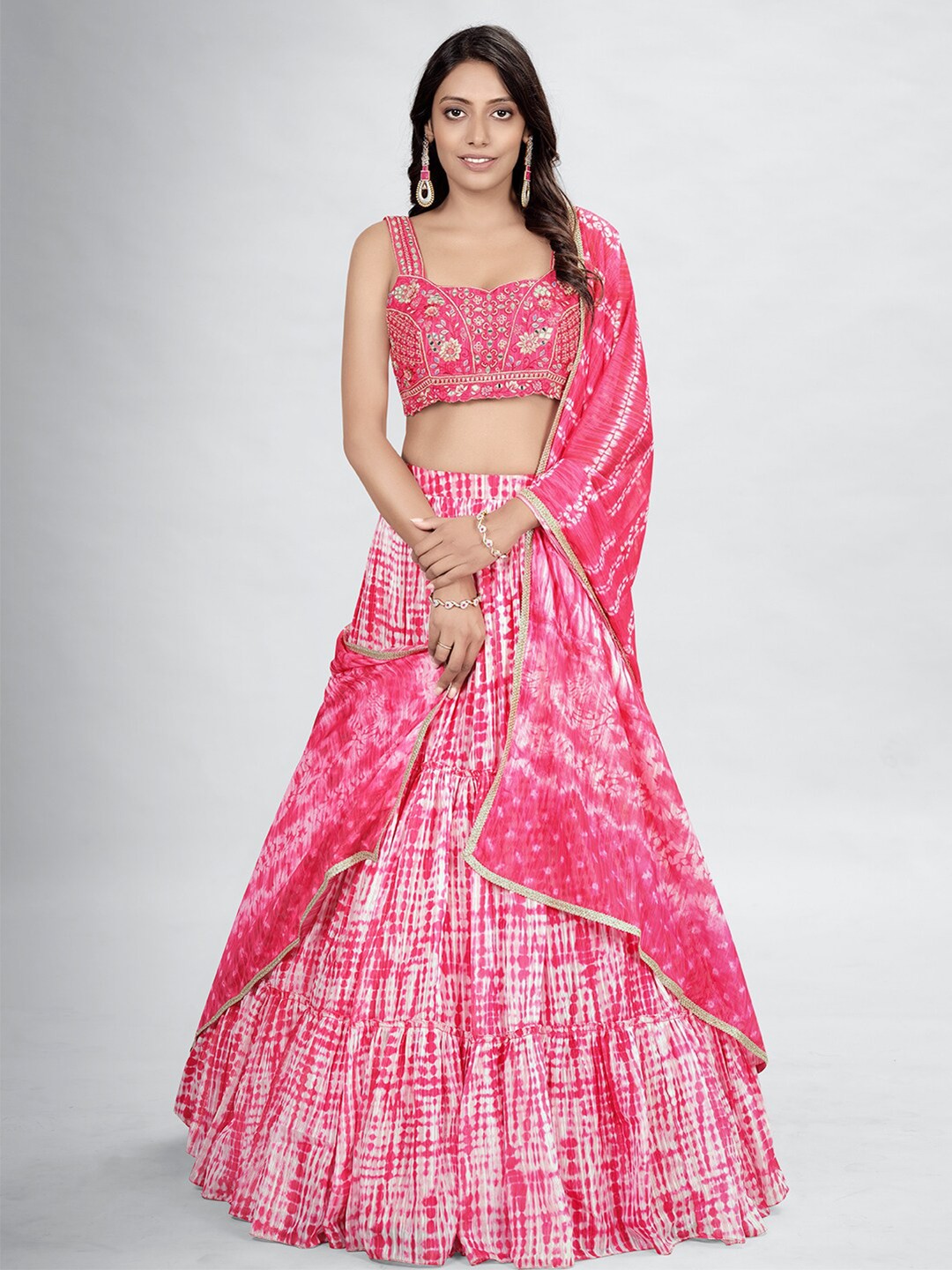 

DRESSTIVE Pink & White Embroidered Thread Work Shibori Semi-Stitched Lehenga & Unstitched Blouse With