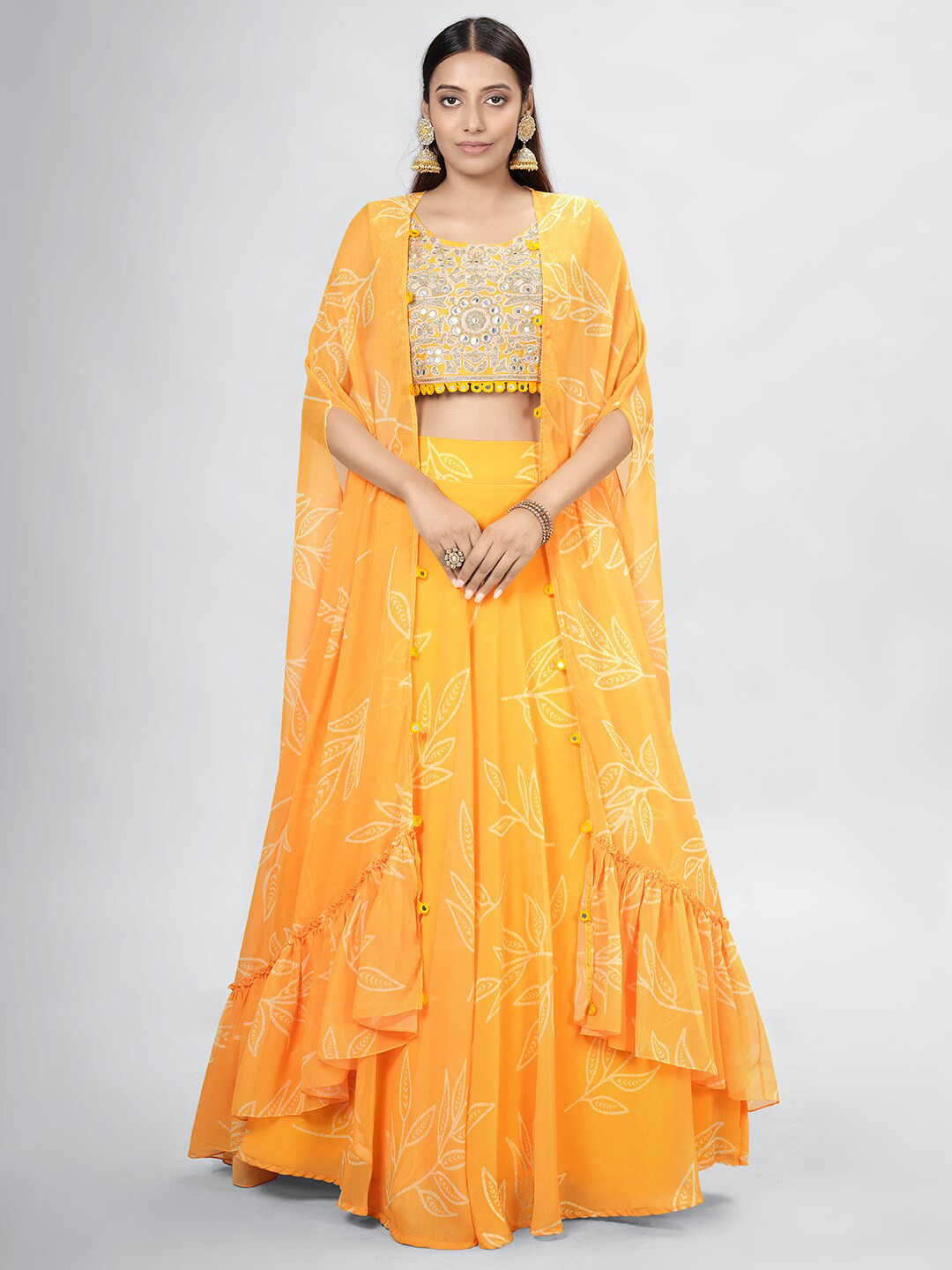 

DRESSTIVE Yellow & Cream-Coloured Embroidered Mirror Work Semi-Stitched Lehenga & Unstitched