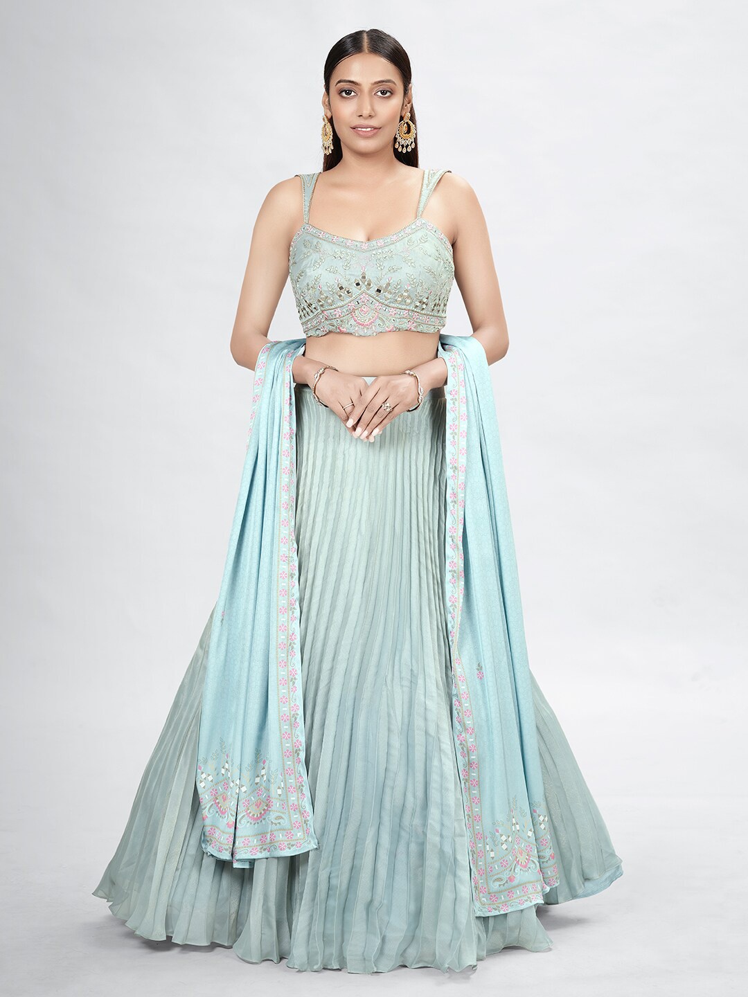 

DRESSTIVE Sea Green & Pink Embroidered Semi-Stitched Lehenga & Unstitched Blouse With Dupatta