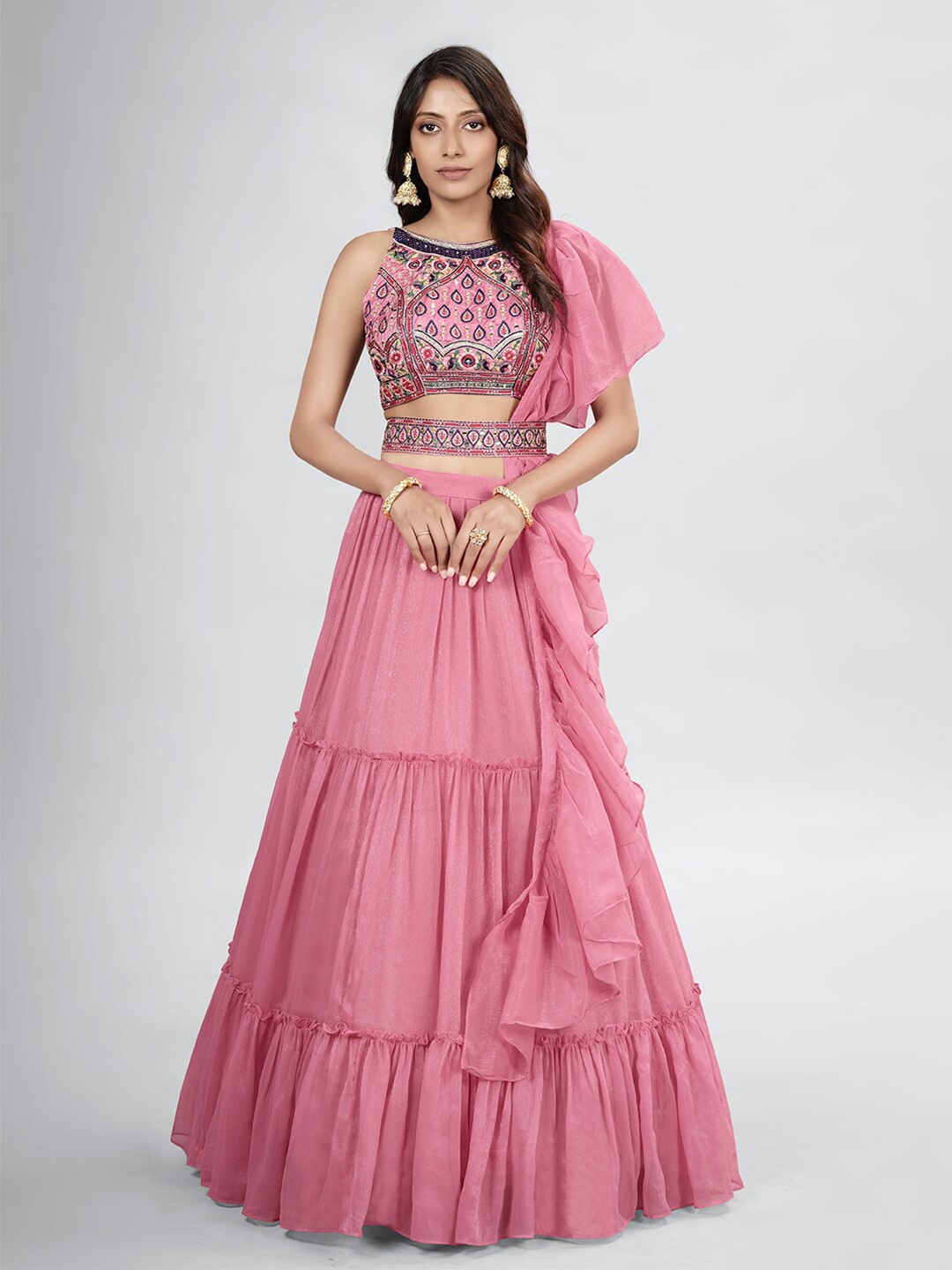 

DRESSTIVE Pink & Black Embroidered Mirror Work Semi-Stitched Lehenga & Unstitched Blouse With Dupatta