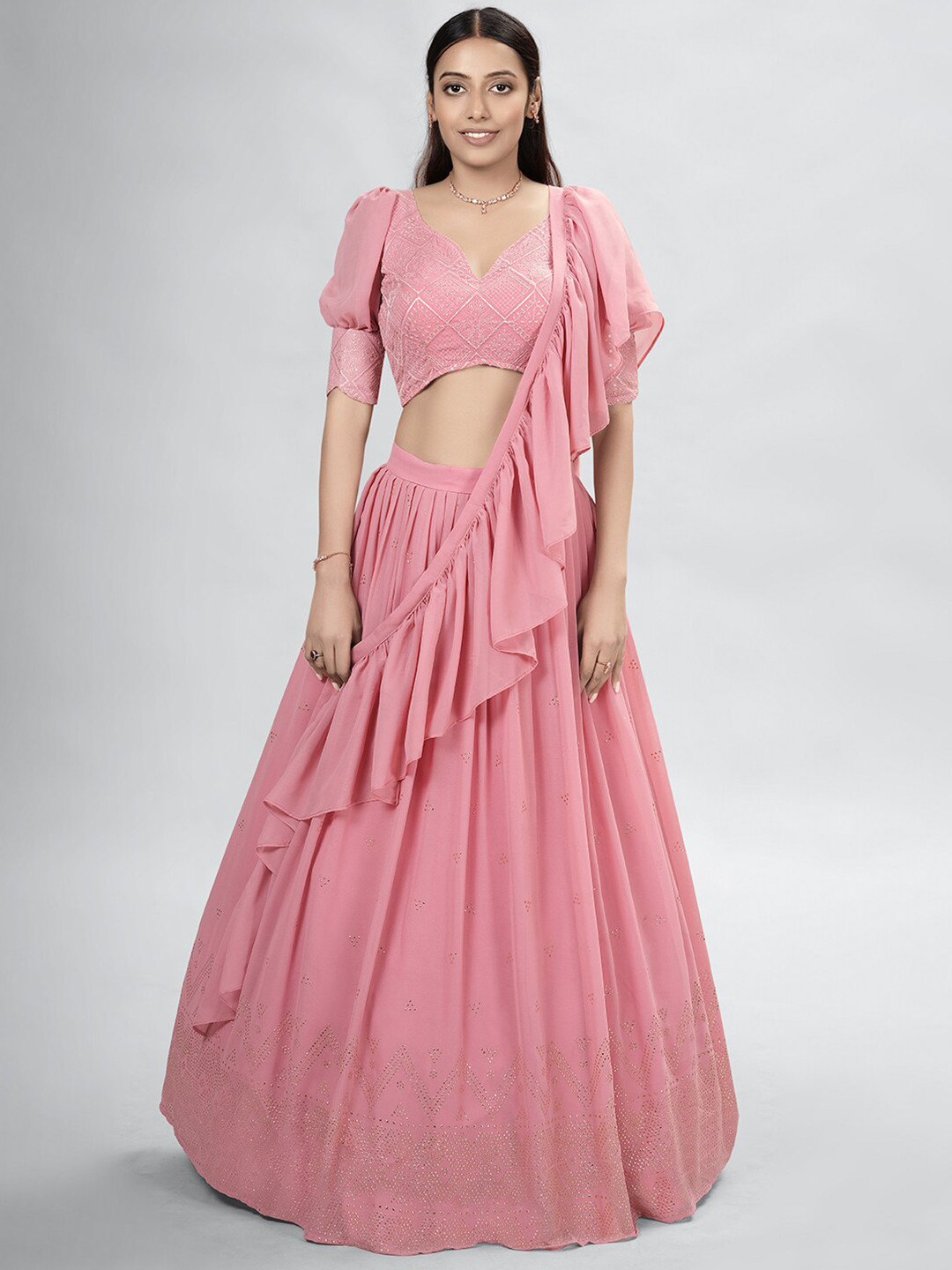 

DRESSTIVE Pink & White Embroidered Mukaish Semi-Stitched Lehenga & Unstitched Blouse With Dupatta