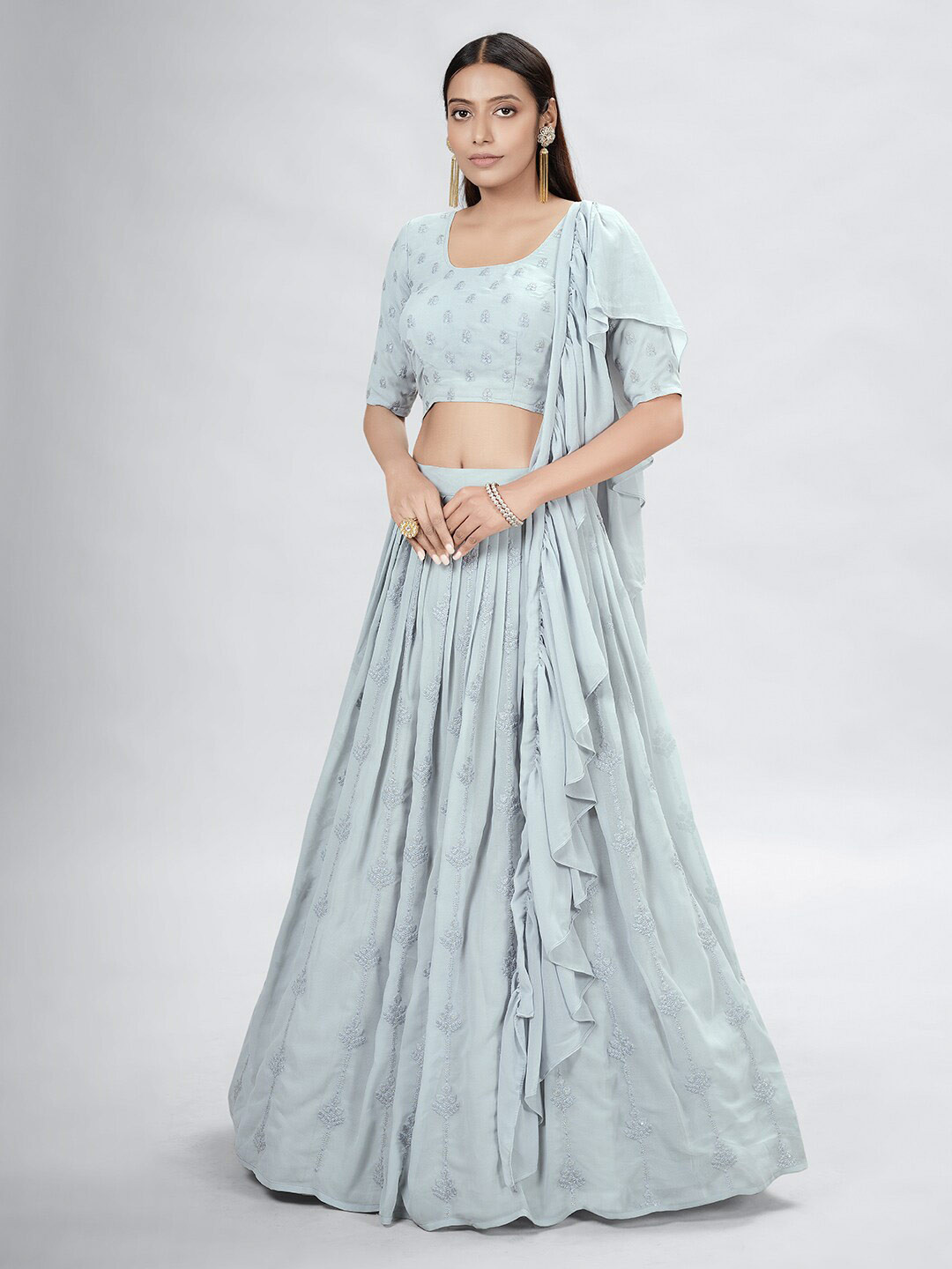 

DRESSTIVE Blue Embroidered Thread Work Semi-Stitched Lehenga & Unstitched Blouse With Dupatta