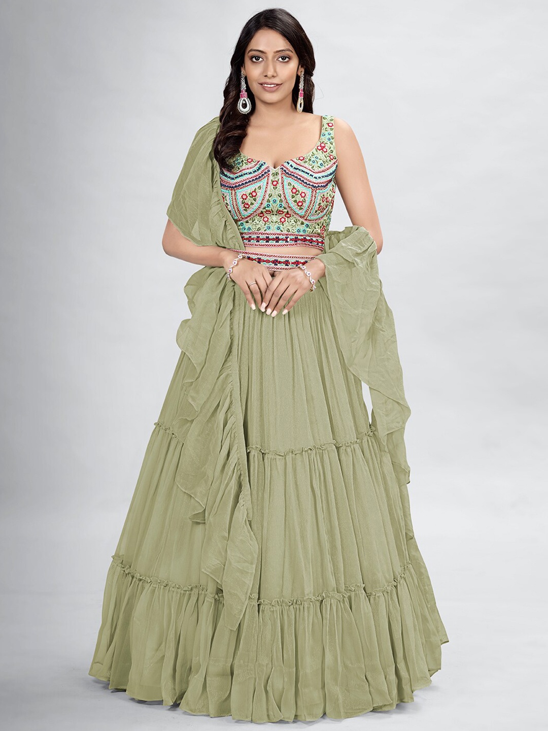 

DRESSTIVE Green & Blue Embroidered Mirror Work Semi-Stitched Lehenga & Unstitched Blouse With Dupatta