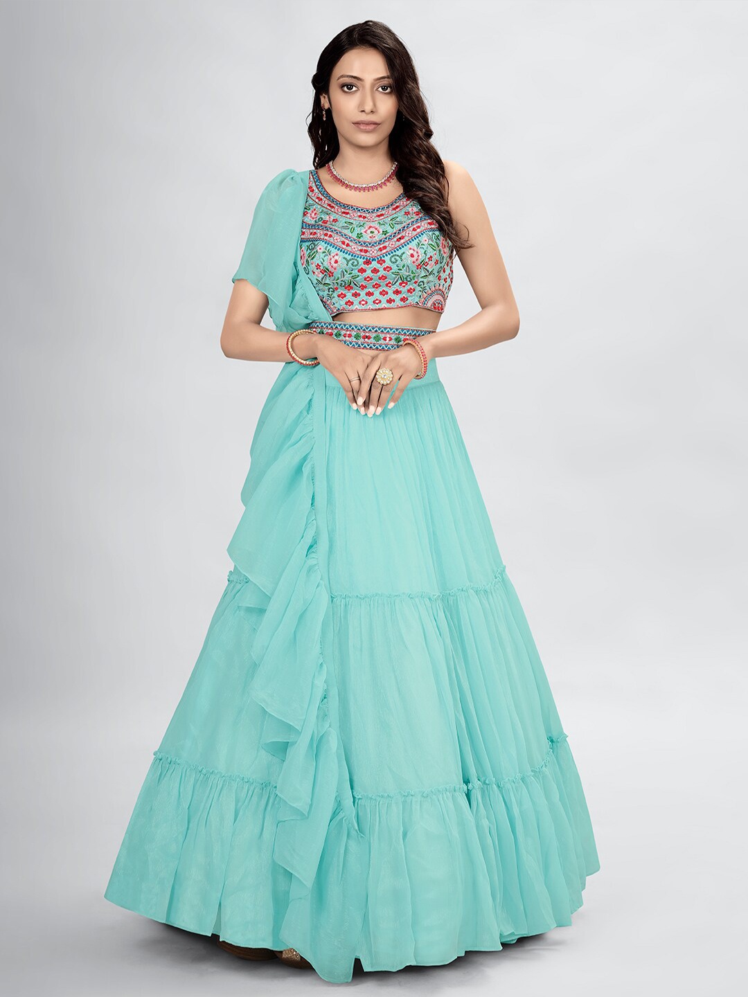 

DRESSTIVE Blue & Green Embroidered Mirror Work Semi-Stitched Lehenga & Unstitched Blouse With Dupatta