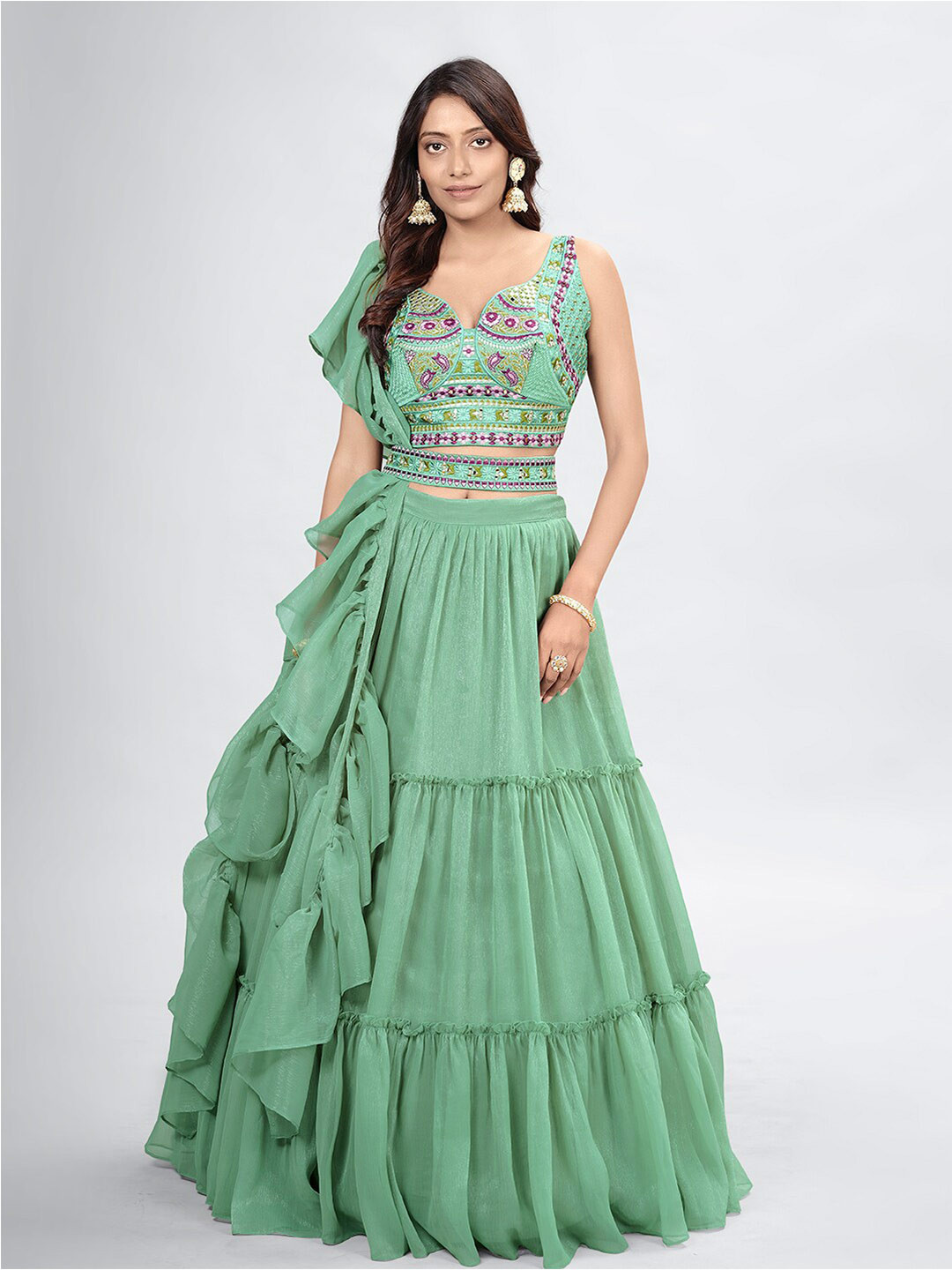 

DRESSTIVE Green & Purple Embroidered Mirror Work Semi-Stitched Lehenga & Unstitched Blouse With Dupatta