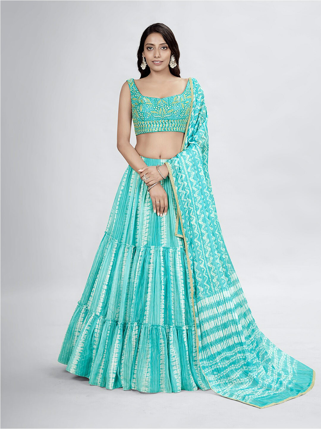 

DRESSTIVE Sea Green & White Embroidered Thread Work Shibori Semi-Stitched Lehenga & Unstitched Blouse With