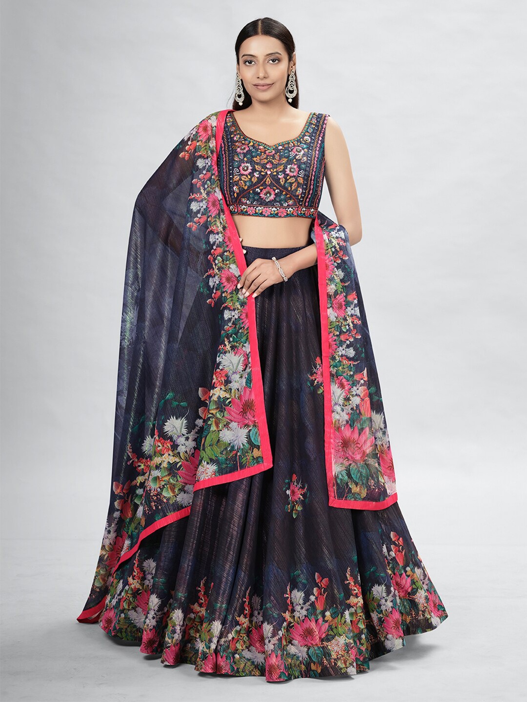 

DRESSTIVE Black & Pink Embroidered Thread Work Semi-Stitched Lehenga & Unstitched Blouse With Dupatta
