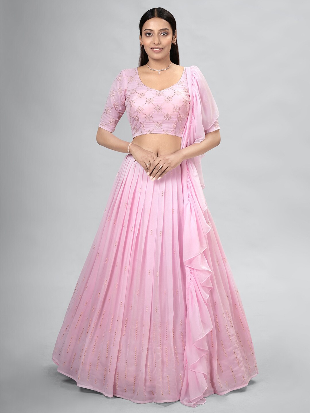 

DRESSTIVE Pink Embroidered Thread Work Semi-Stitched Lehenga & Unstitched Blouse With Dupatta