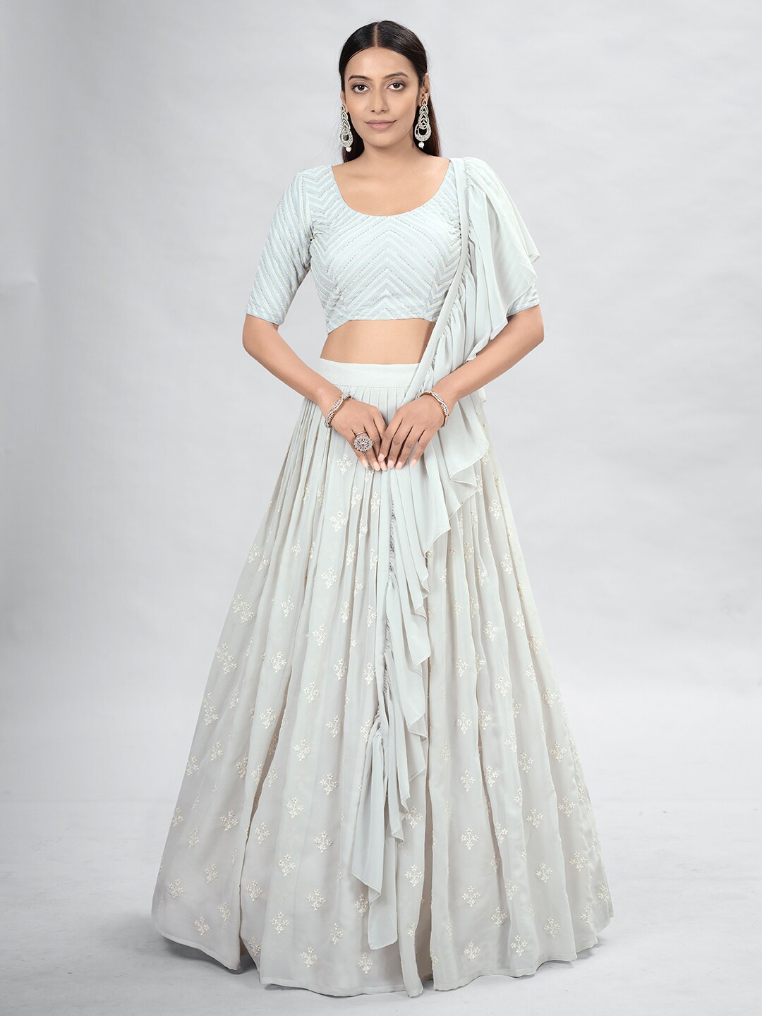 

DRESSTIVE Grey Embroidered Thread Work Semi-Stitched Lehenga & Unstitched Blouse With Dupatta