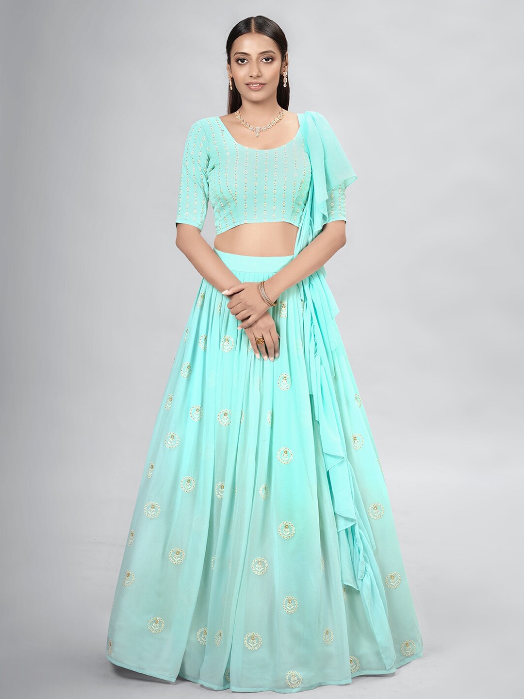

DRESSTIVE Blue & Gold-Toned Embroidered Thread Work Semi-Stitched Lehenga & Unstitched Blouse With Dupatta