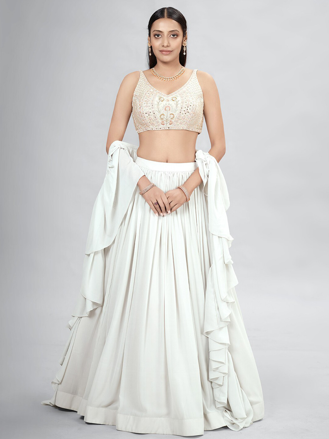 

DRESSTIVE Grey & Red Embroidered Thread Work Semi-Stitched Lehenga & Unstitched Blouse With Dupatta