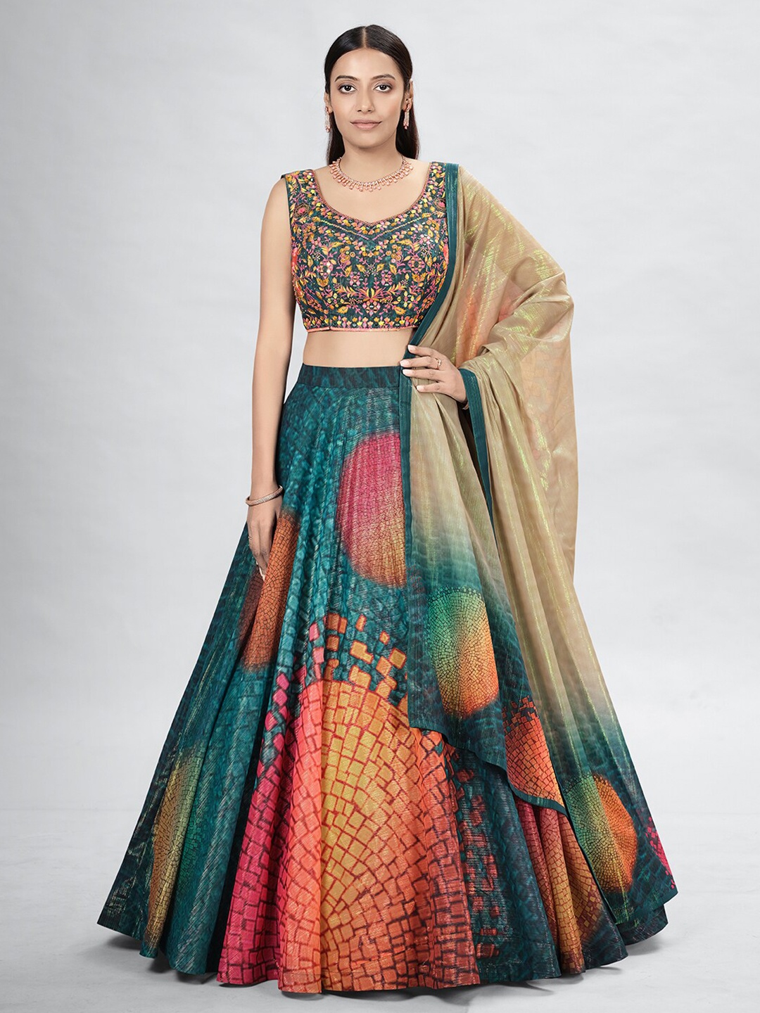 

DRESSTIVE Multicoloured & Green Embroidered Mirror Work Semi-Stitched Lehenga & Unstitched Blouse With, Multi