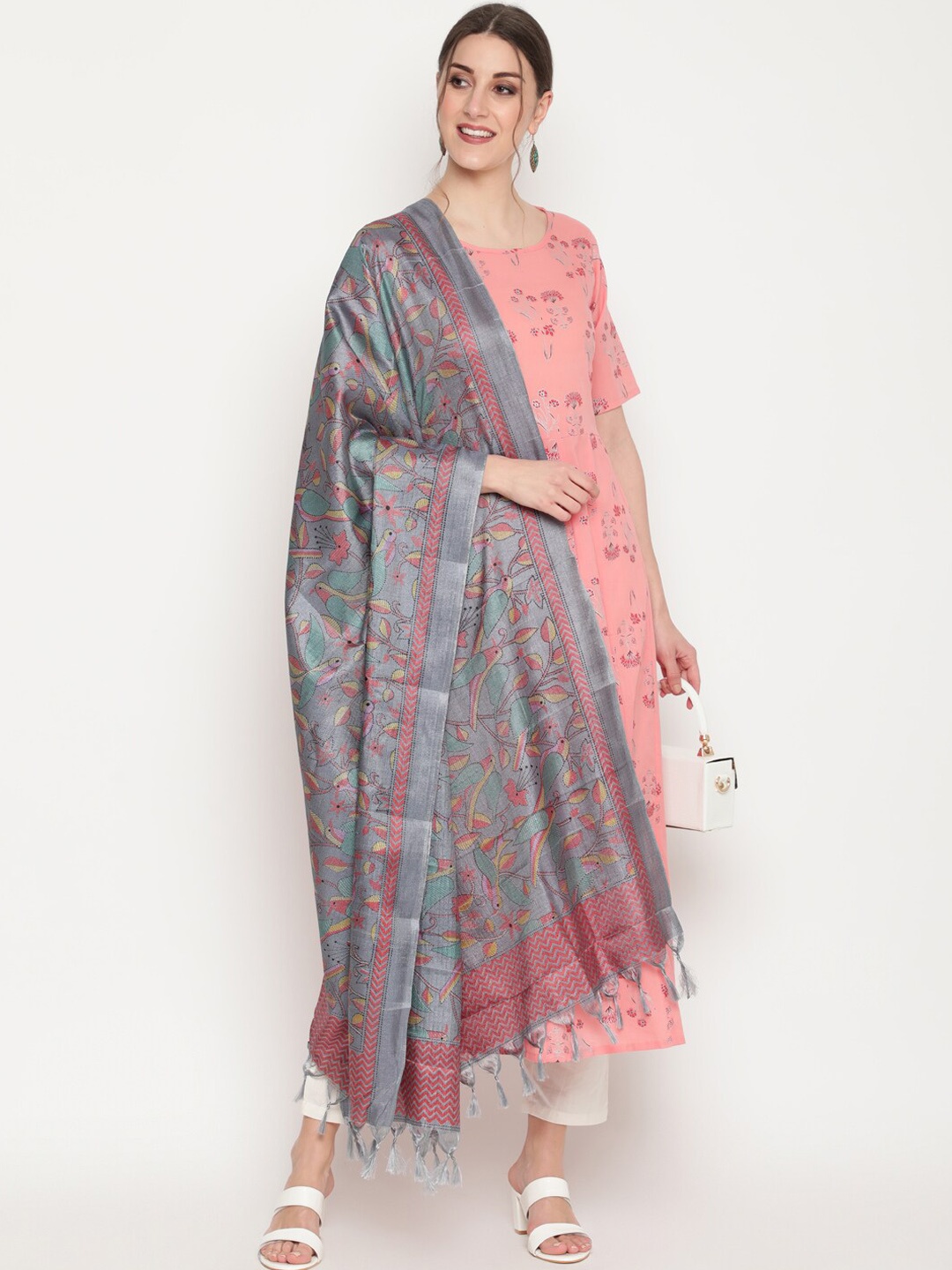 

THE NKS PLUS Women Peach-Coloured Empire Pure Cotton Kurti with Trousers & With Dupatta
