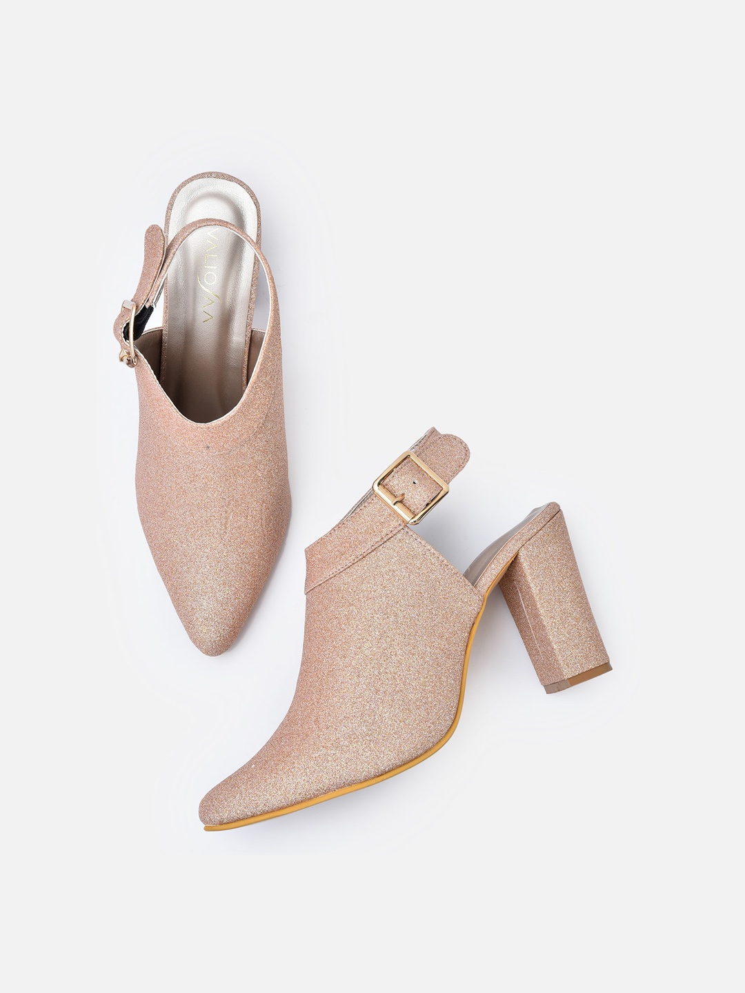 

VALIOSAA Rose Gold Party Block Mules with Buckles