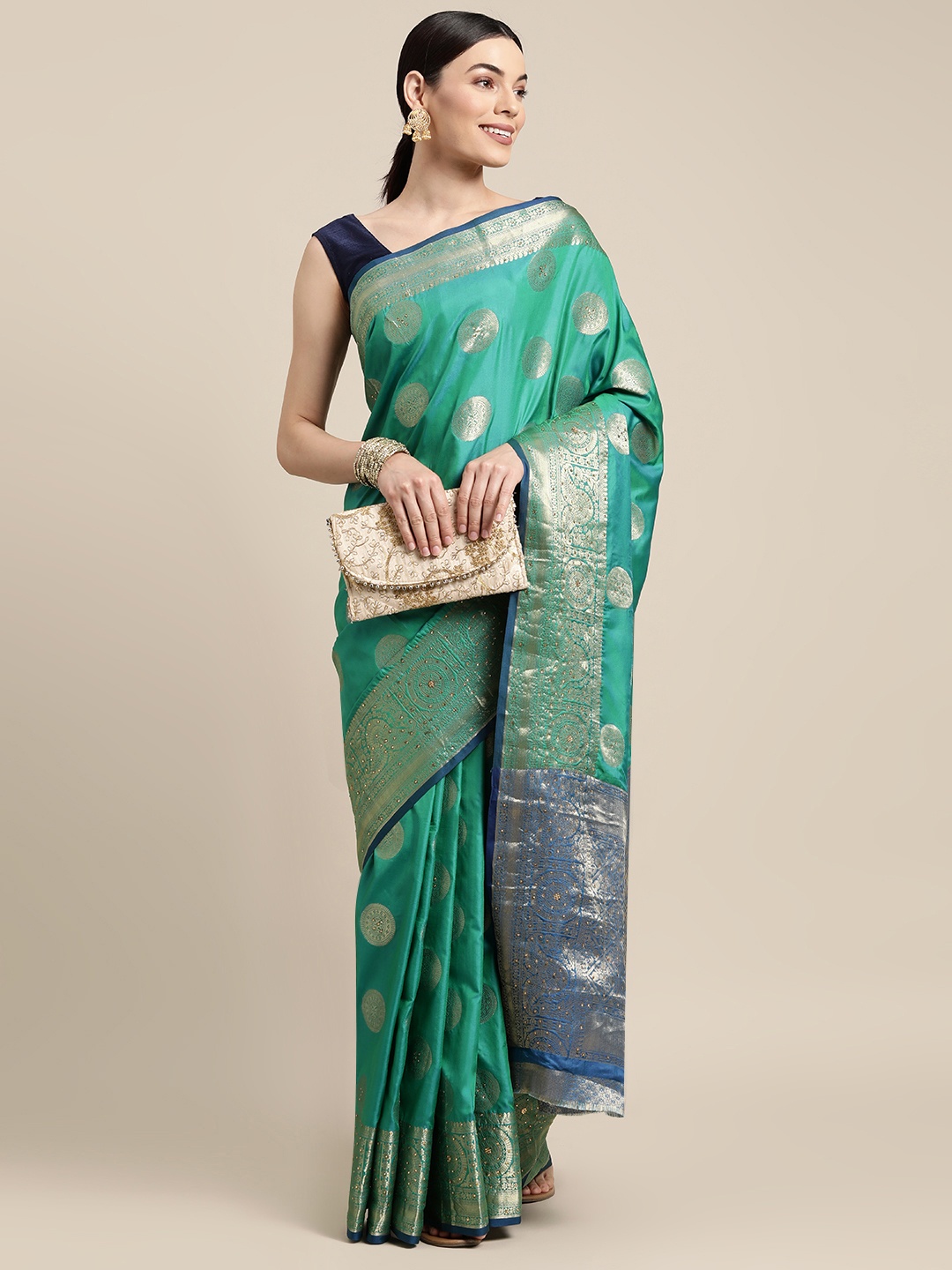 

SANGAM PRINTS Turquoise Blue Ethnic Motifs Silk Blend Saree, Green
