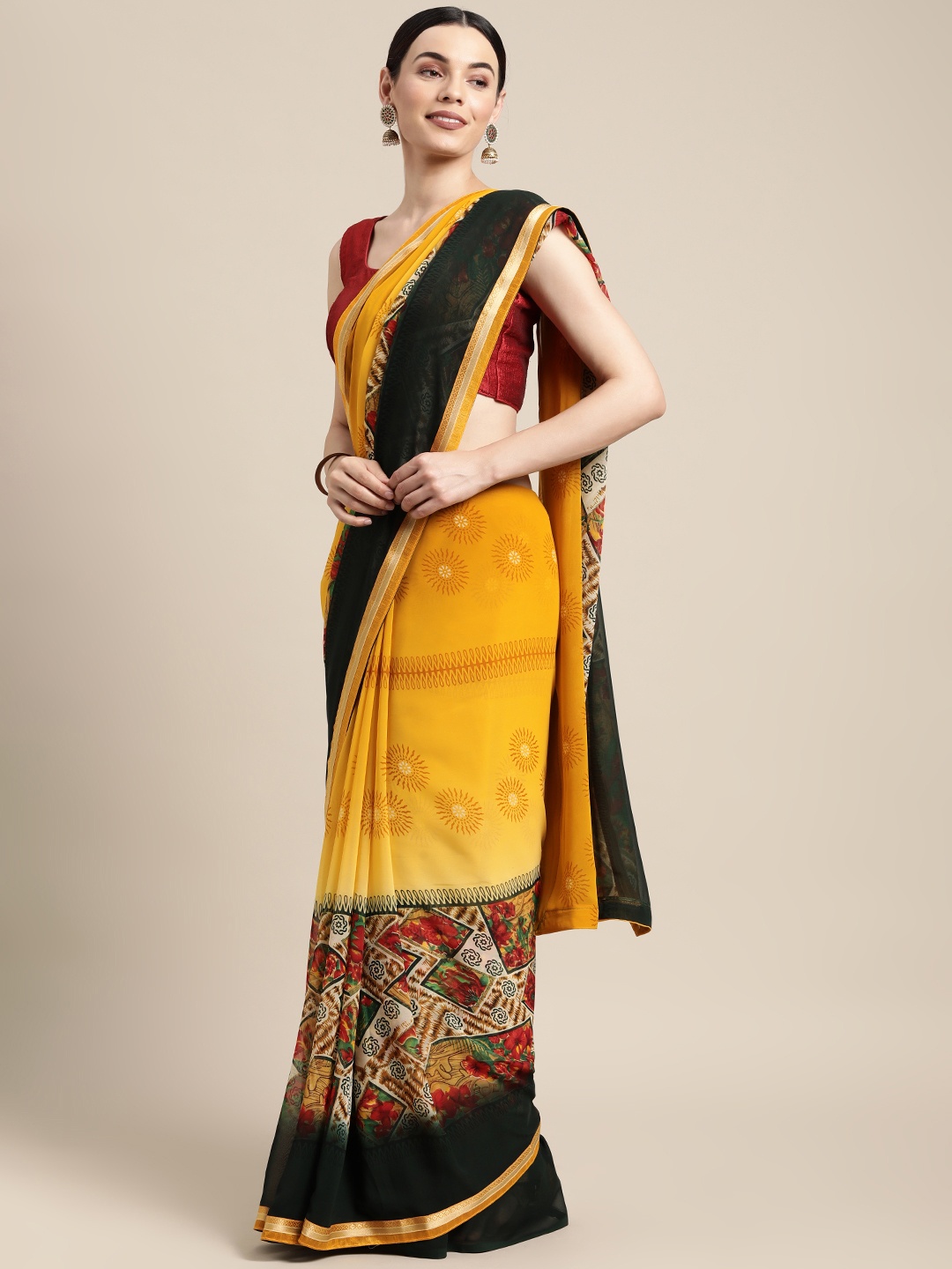 

SANGAM PRINTS Mustard & Red Floral Poly Georgette Saree