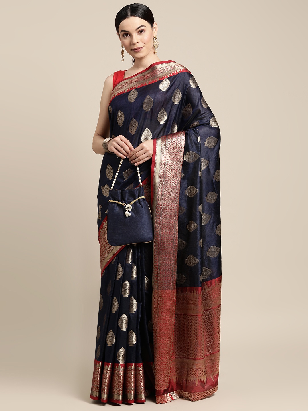 

SANGAM PRINTS Navy Blue & Golden Ethnic Motifs Silk Blend Saree