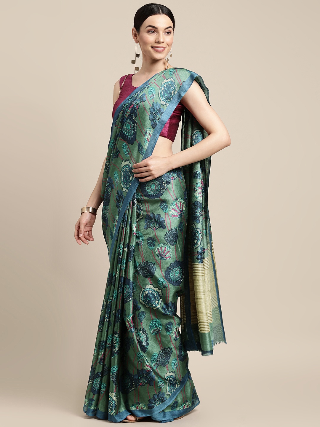 

SANGAM PRINTS Green & Blue Ethnic Motifs Cotton Blend Saree