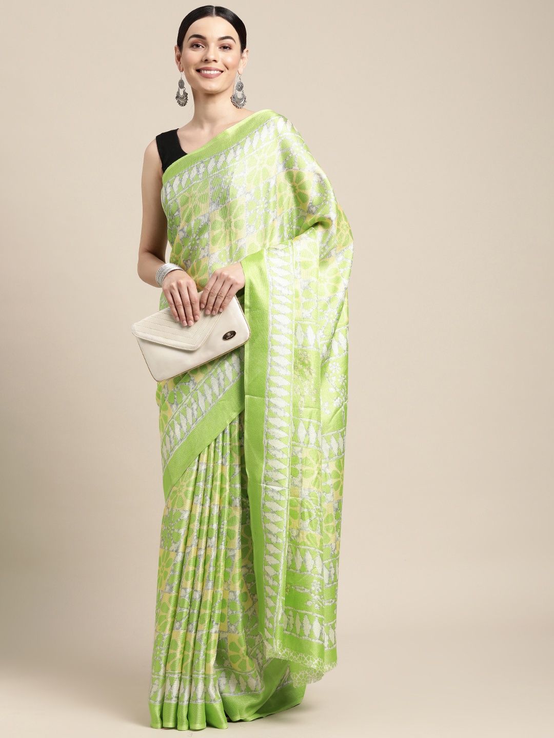 

SANGAM PRINTS Green & Yellow Ethnic Motifs Cotton Blend Saree