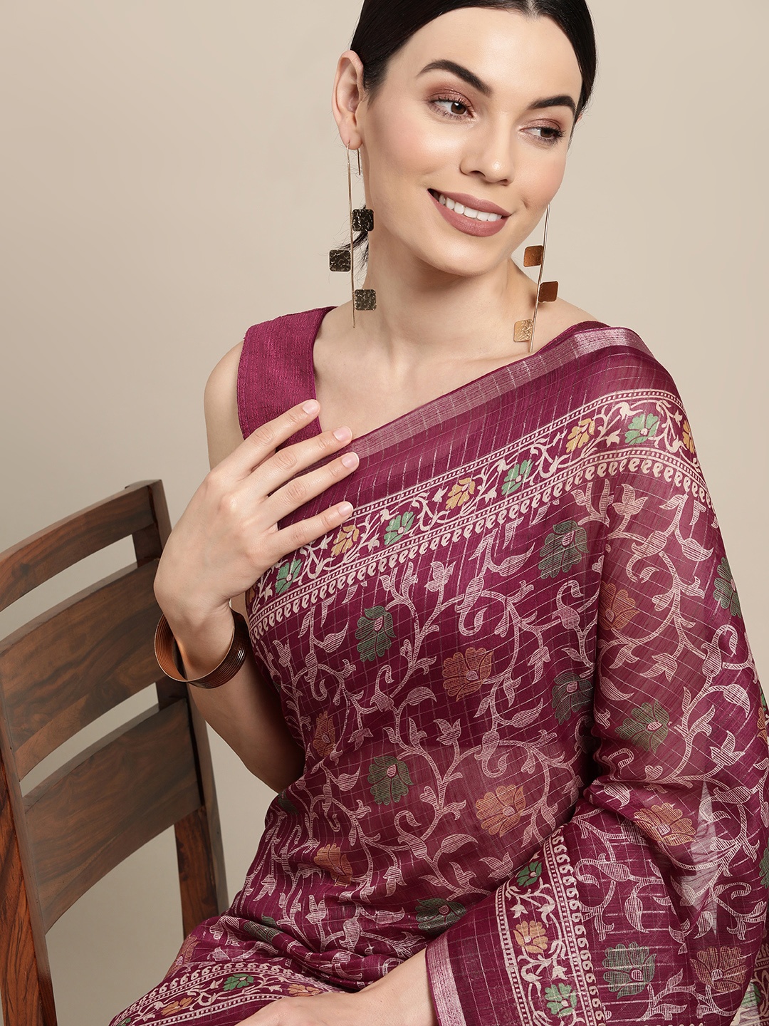 

SANGAM PRINTS Burgundy Ethnic Motifs Cotton Blend Saree