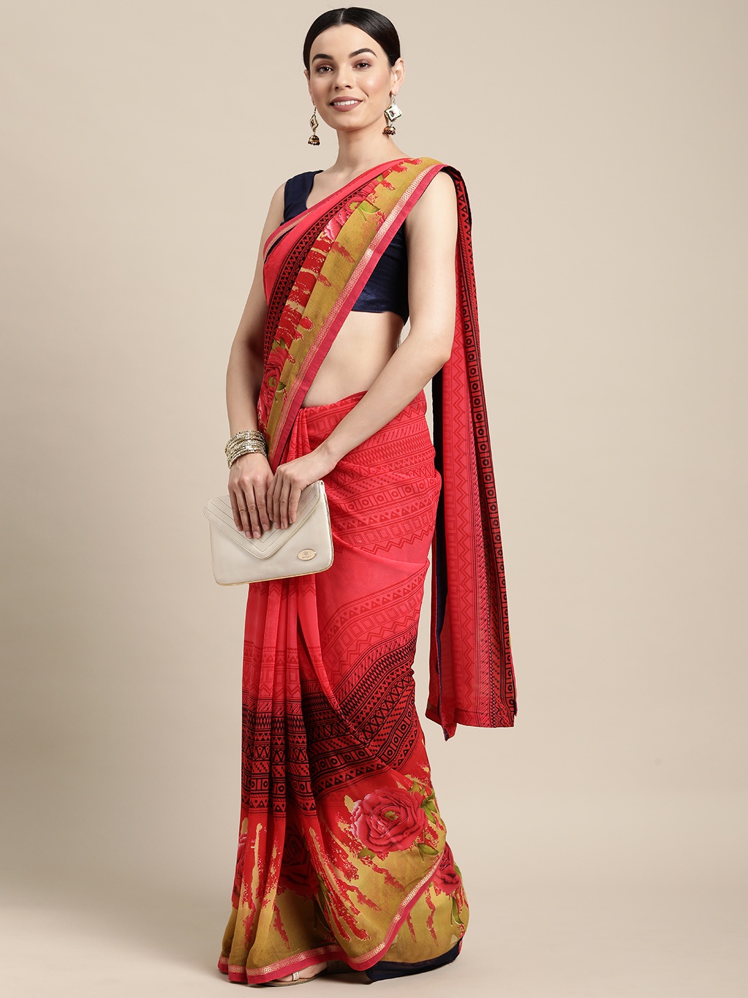 

SANGAM PRINTS Pink & Black Ethnic Motifs Poly Georgette Saree