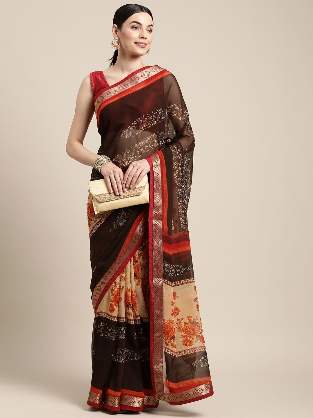 

SANGAM PRINTS Brown & Peach-Coloured Printed Poly Georgette Saree