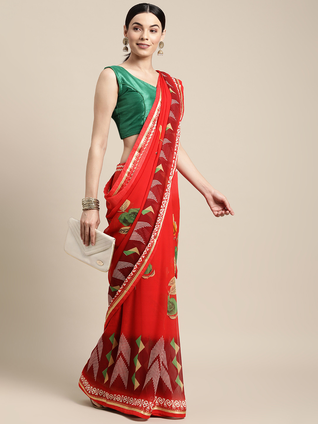 

SANGAM PRINTS Red Floral Poly Georgette Saree