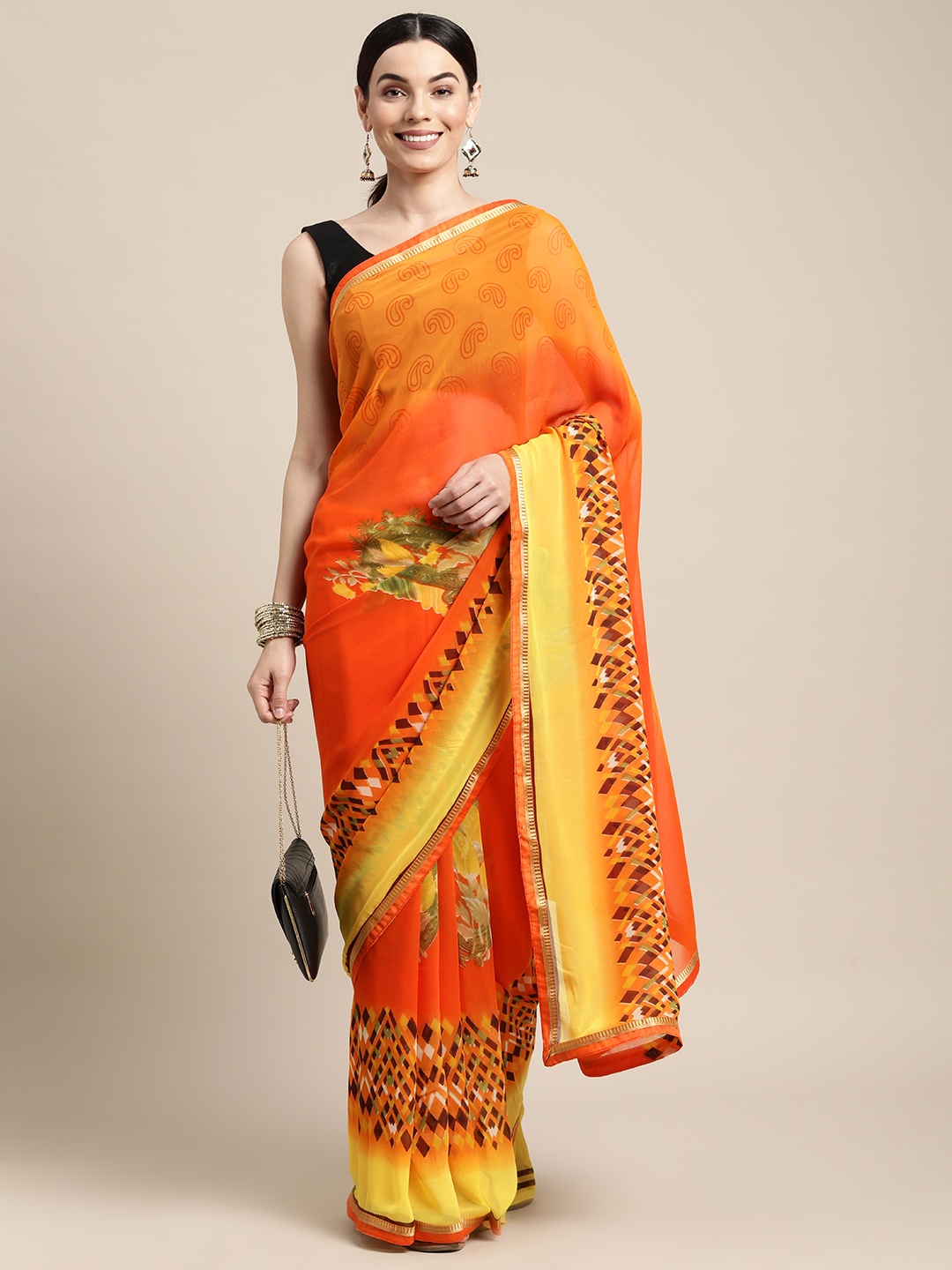 

SANGAM PRINTS Orange & Yellow Floral Poly Georgette Saree