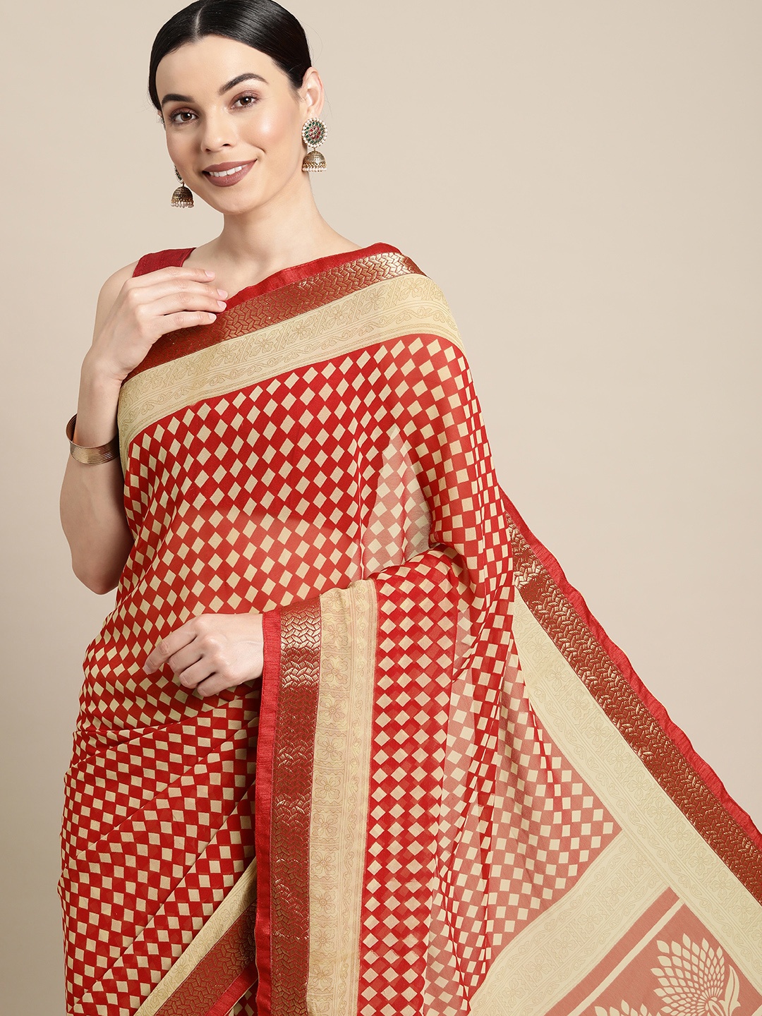 

SANGAM PRINTS Red & Beige Printed Poly Georgette Saree