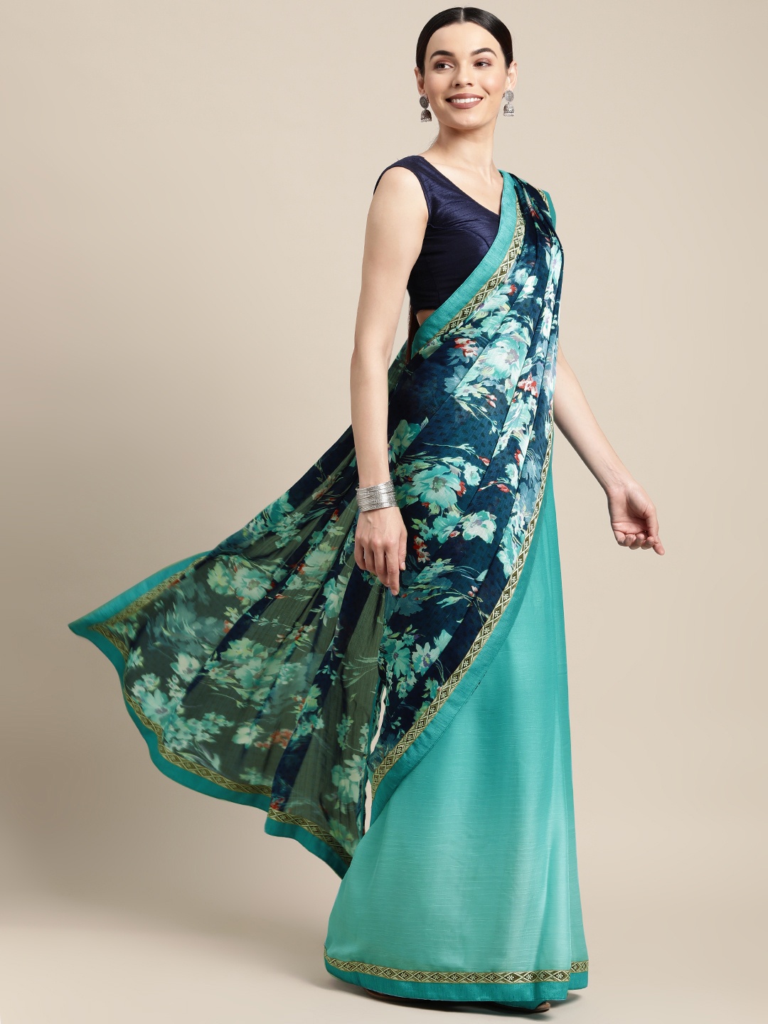 

SANGAM PRINTS Blue Floral Poly Georgette Saree
