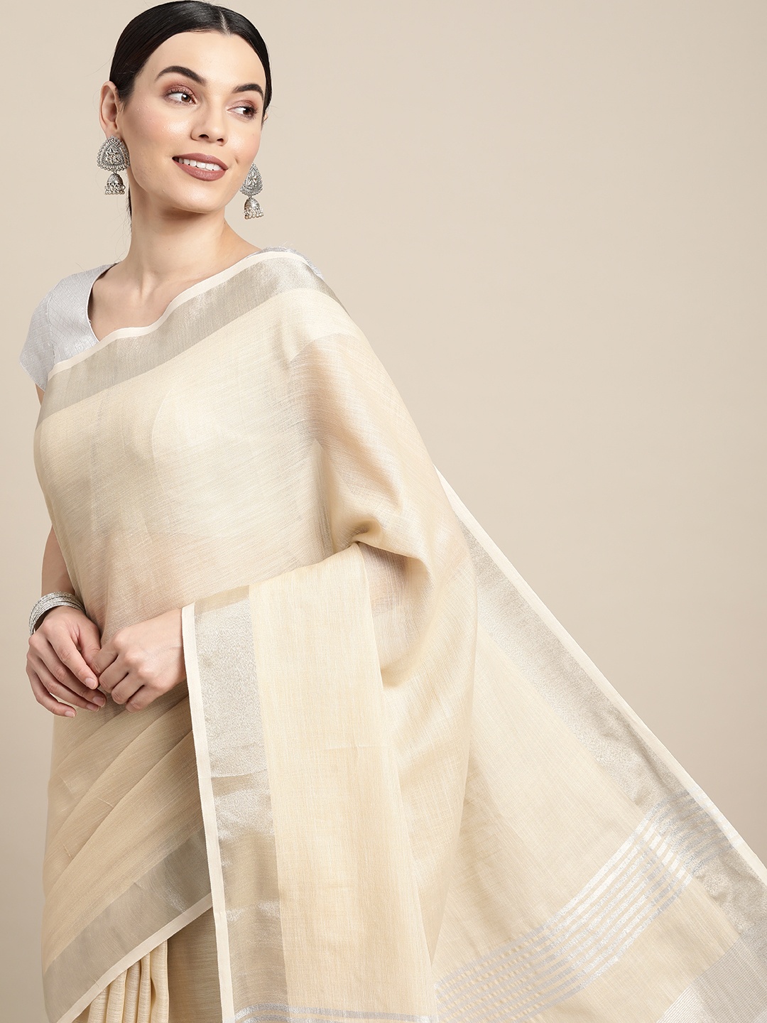 

SANGAM PRINTS Beige Linen Blend Saree