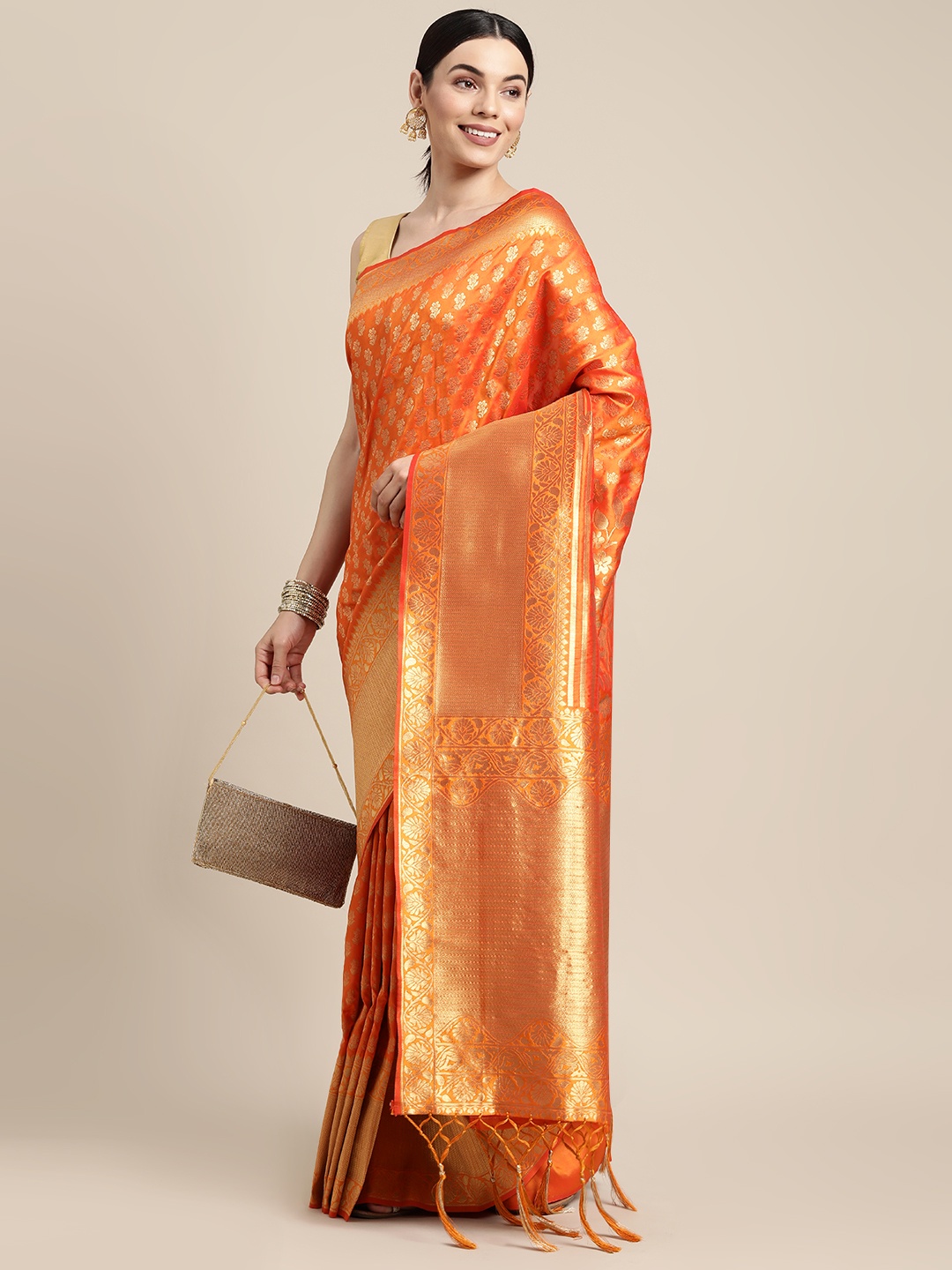 

SANGAM PRINTS Orange & Golden Ethnic Motifs Silk Blend Saree