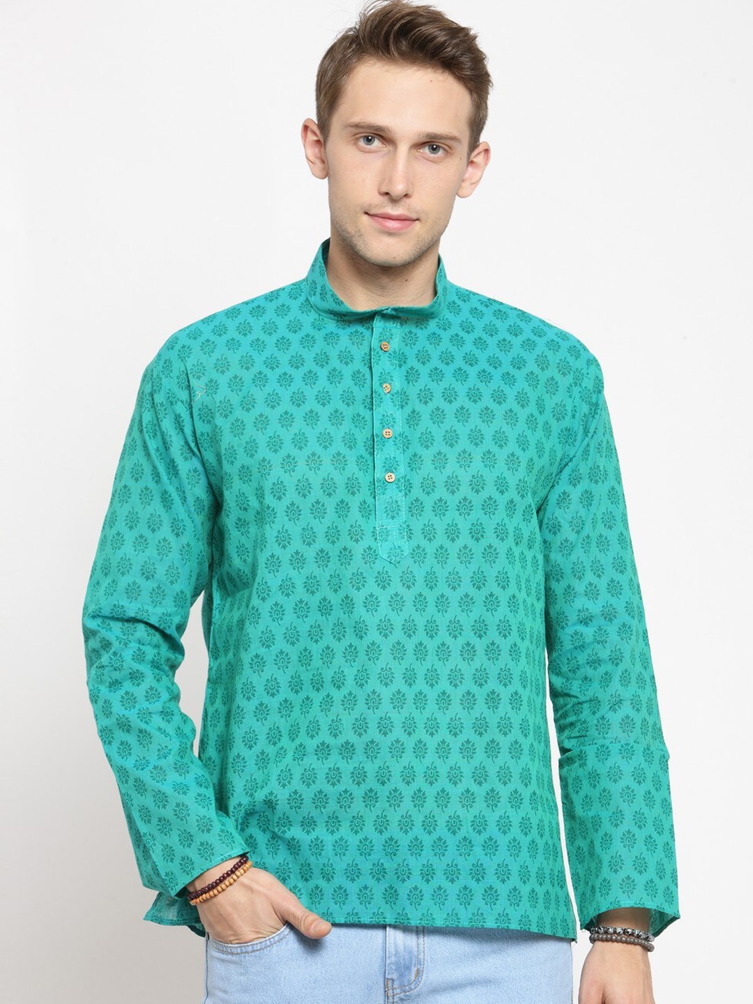 

RG DESIGNERS Men Blue Geometric Thread Work Handloom Kurta
