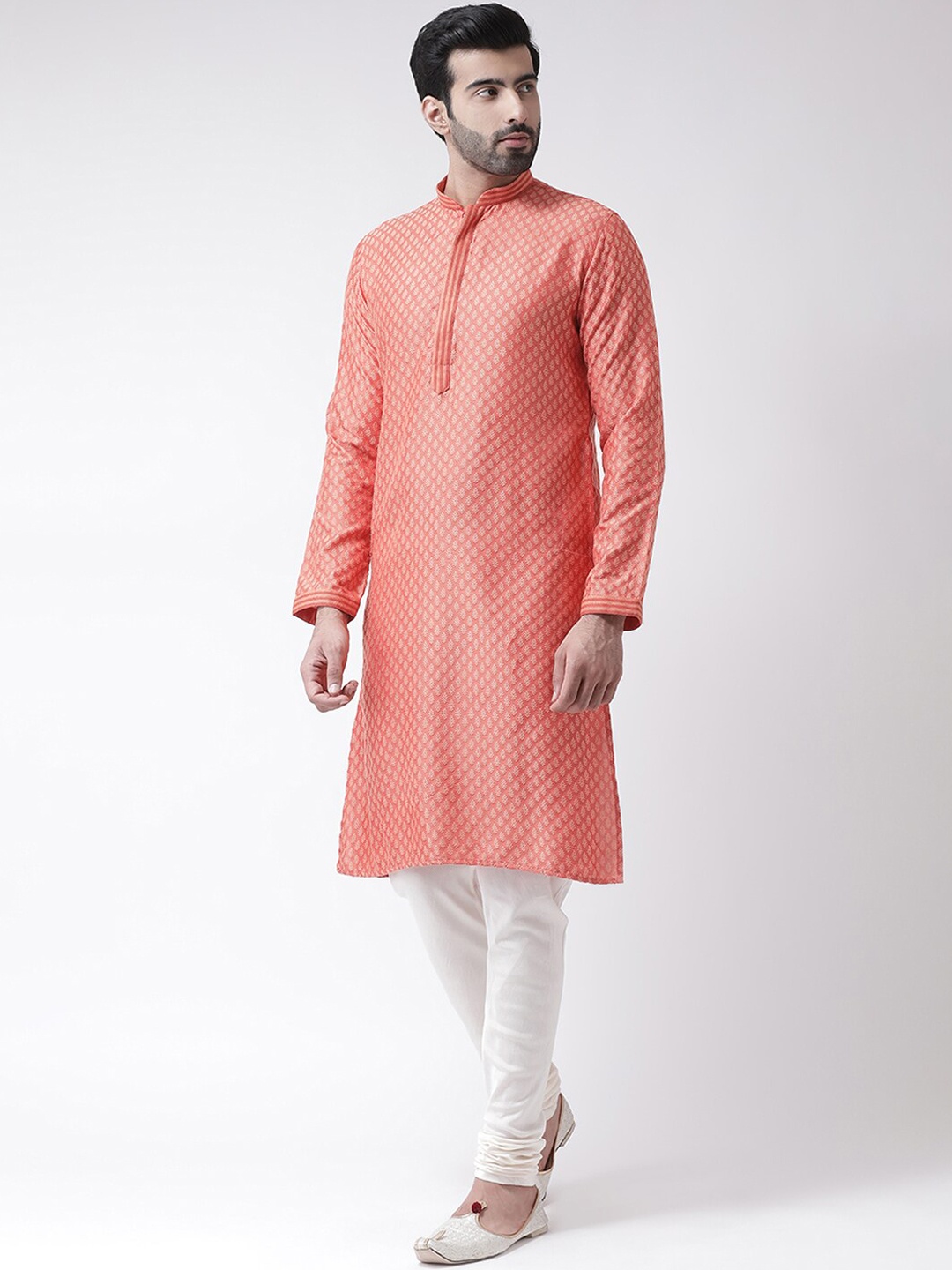 

KISAH Men Orange Geometric Thread Work Dobby Kurta