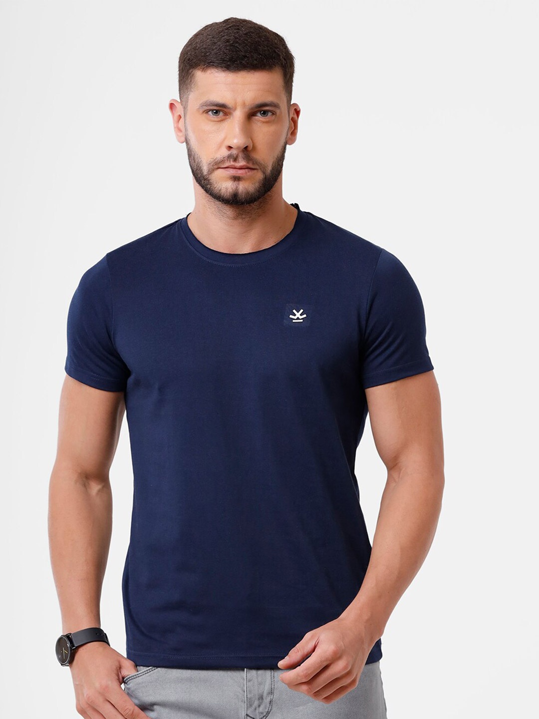 

WROGN Men Navy Blue Applique Slim Fit T-shirt