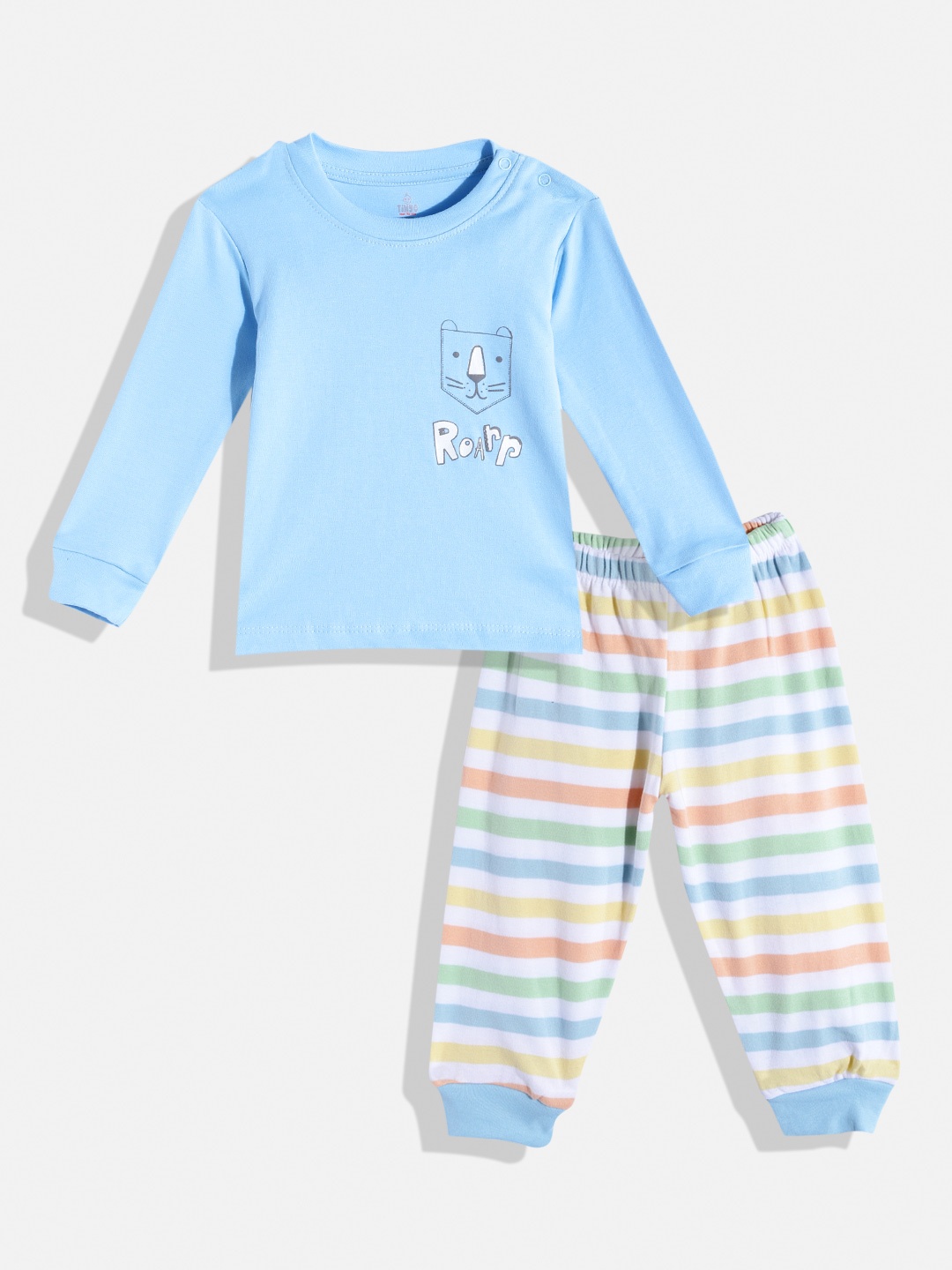 

TINYO Infant Boys Blue & White Printed Pure Cotton T-shirt with Striped Trousers