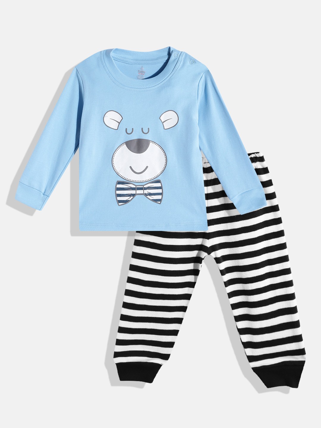 

TINYO Infant Boys Blue & Black Pure Cotton T-shirt with Striped Trousers