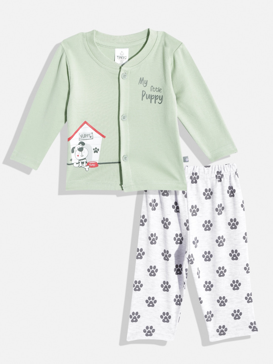 

TINYO Infant Kids Green & Grey Melange Printed Pure Cotton T-shirt with Trousers