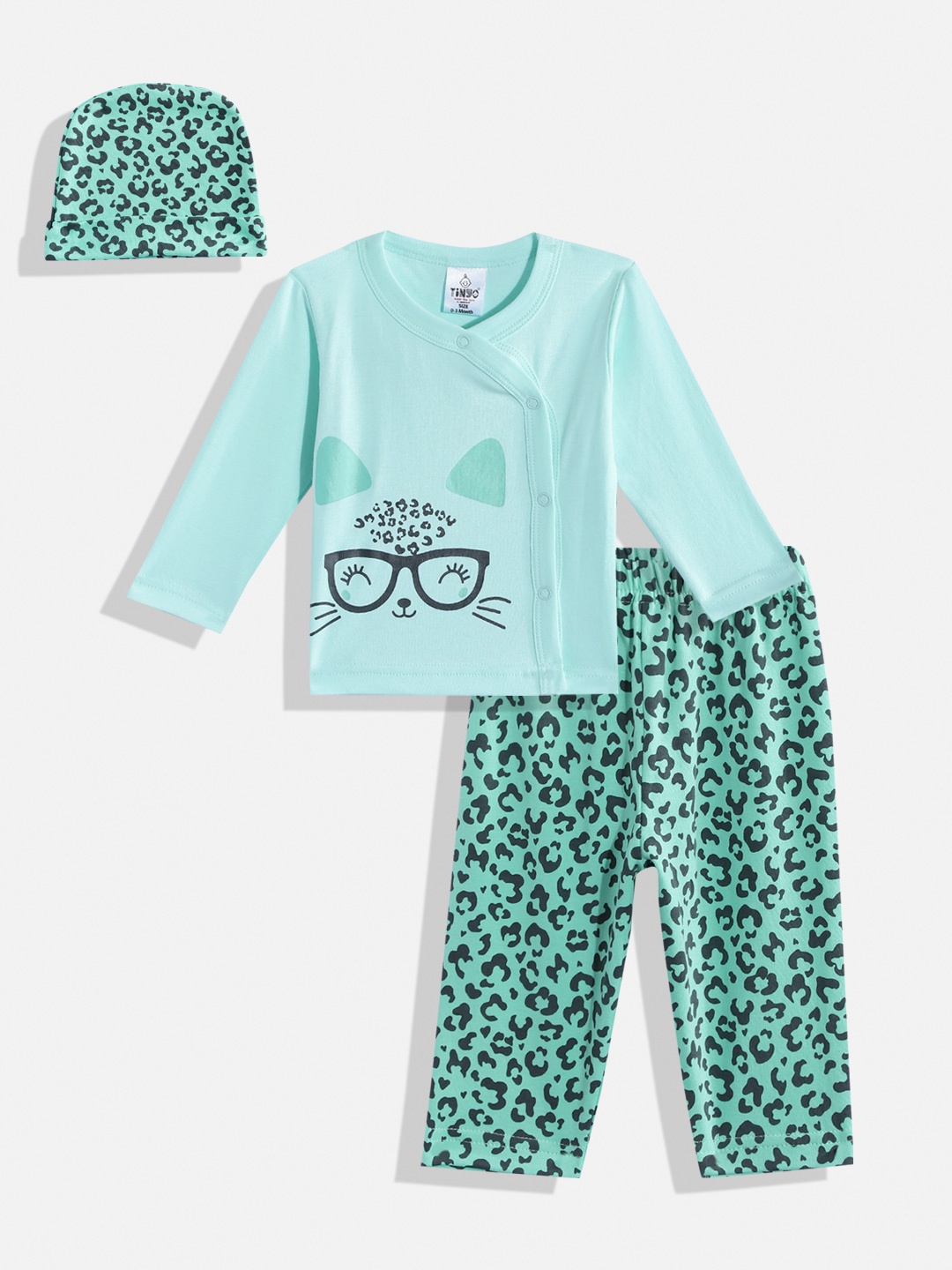 

TINYO Infant Girls Green & Black Leopard Print Pure Cotton Top with Leggings & Cap