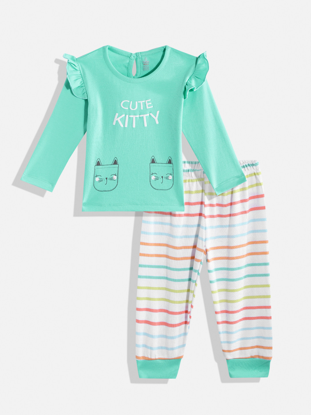

TINYO Infant Girls Green & White Printed Pure Cotton Top with Striped Leggings