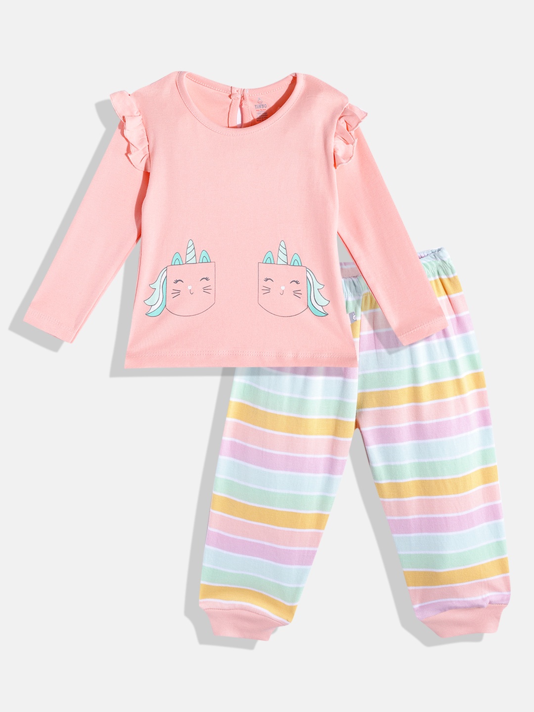 

TINYO Infant Girls Peach-Coloured & Green Printed Pure Cotton Top with Striped Leggings