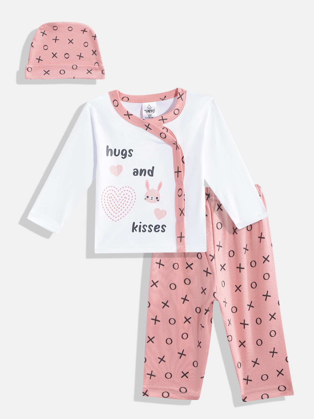 

TINYO Infant Girls White & Peach-Coloured Printed Top with Leggings & Cap