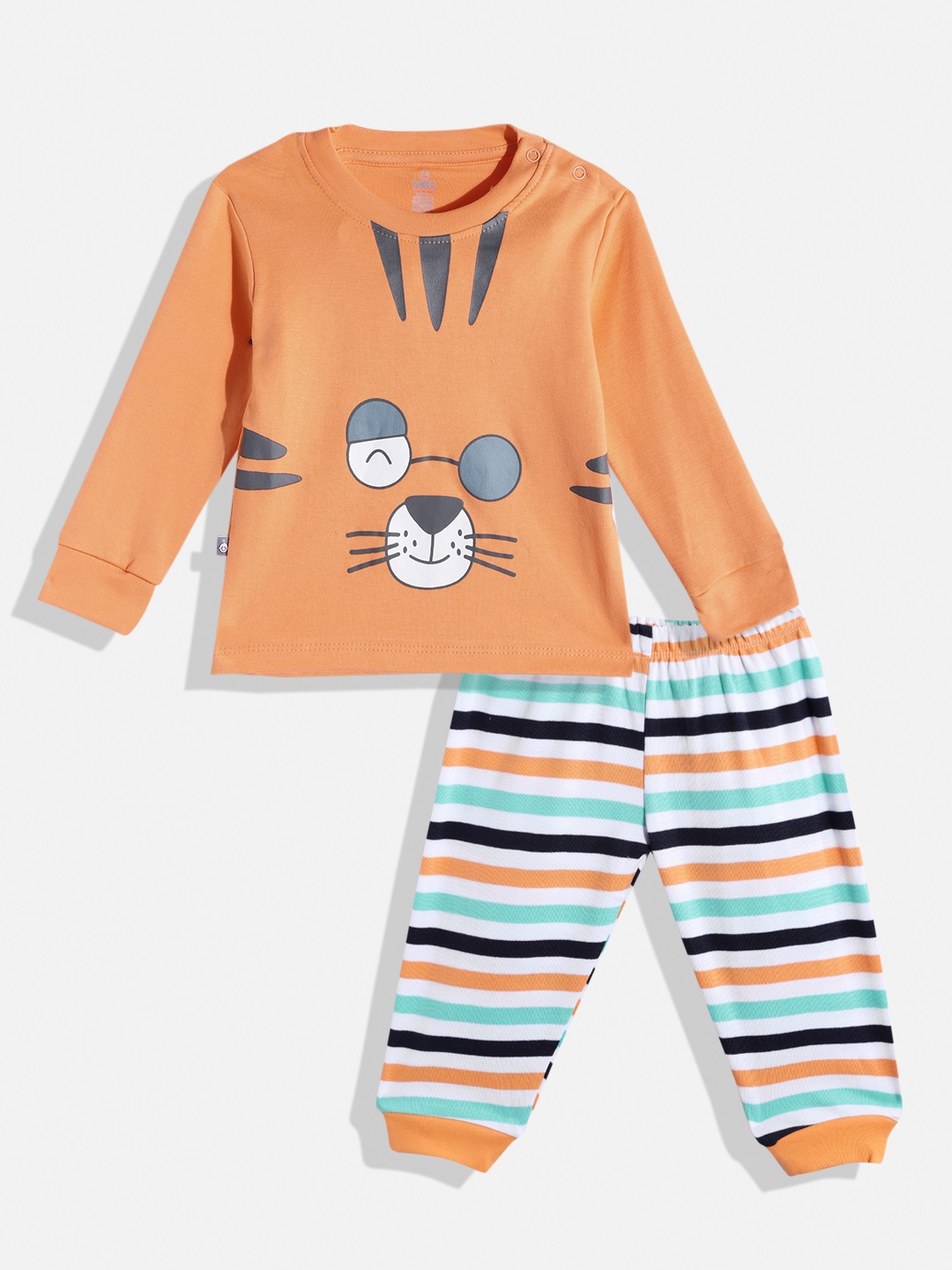 

TINYO Infant Boys Orange & White Printed Pure Cotton T-shirt with Striped Trousers