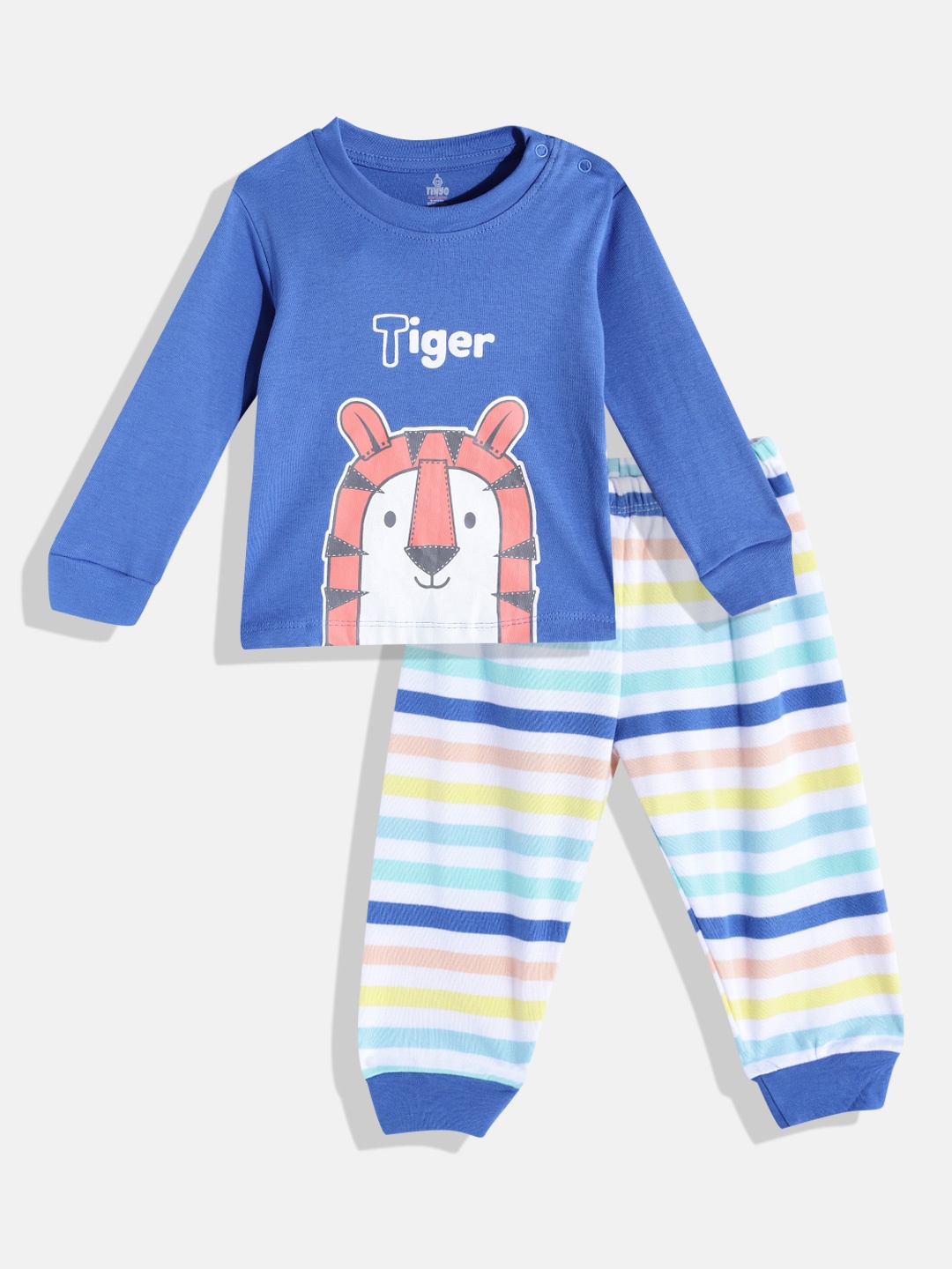 

TINYO Infant Boys Blue & White Printed Pure Cotton T-shirt with Trousers