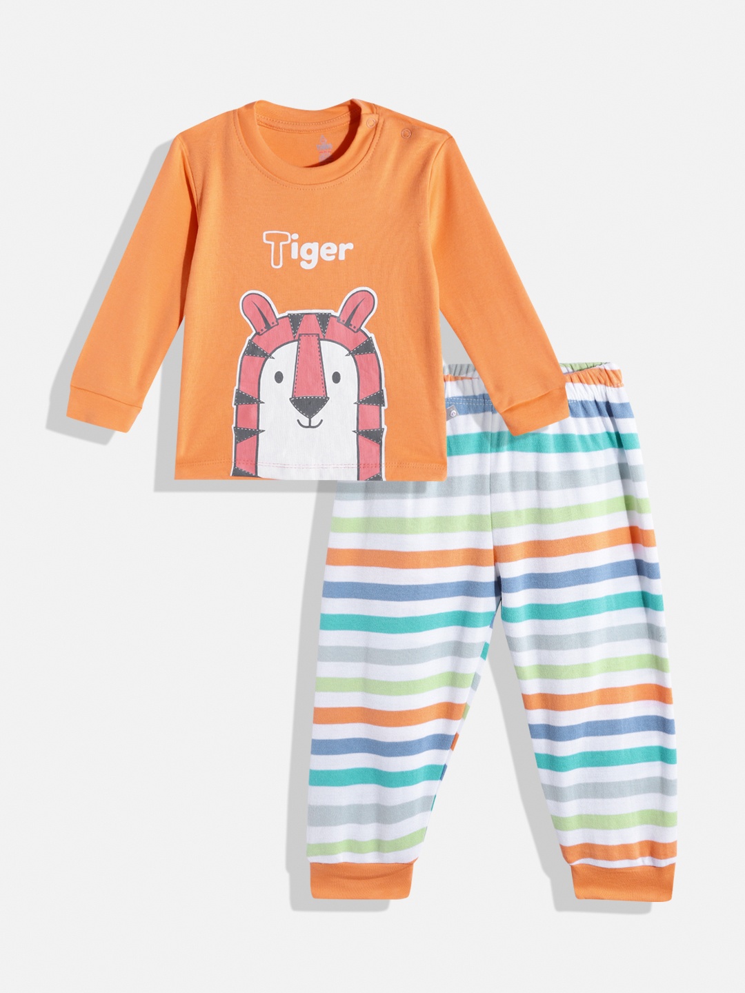 

TINYO Infant Boys Orange & White Printed Pure Cotton T-shirt with Striped Trousers