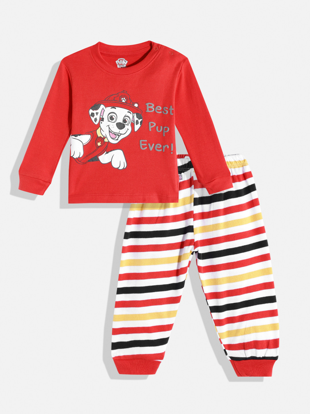 

TINYO Infant Boys Red & White Printed Pure Cotton T-shirt with Striped Trousers
