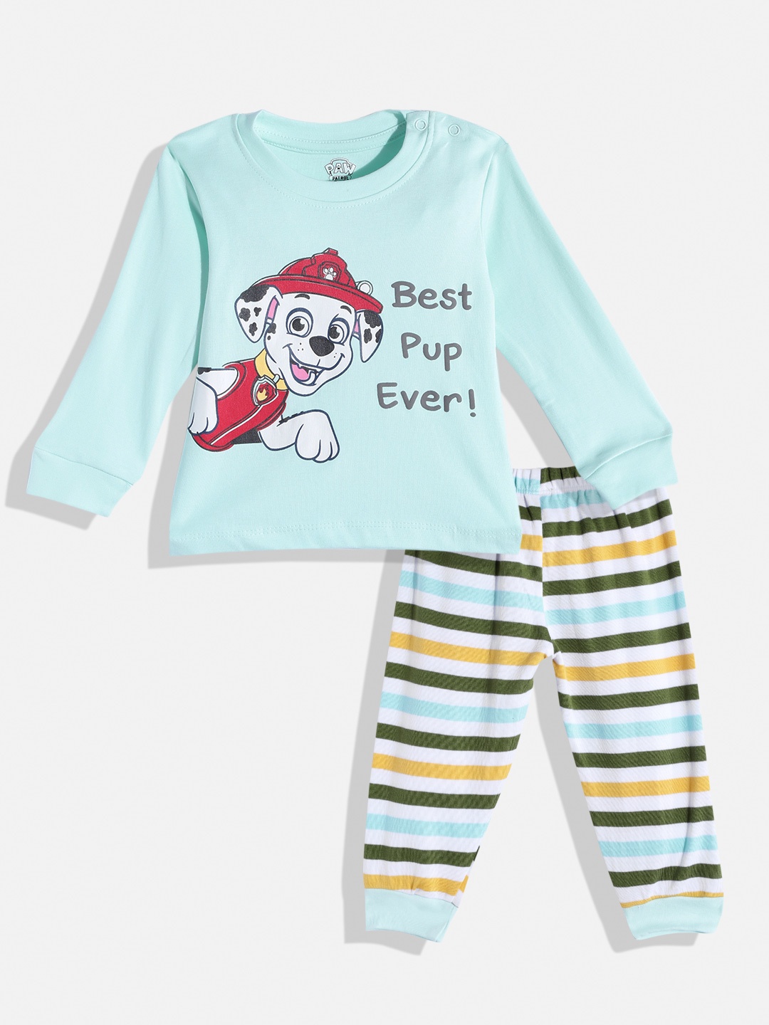 

TINYO Infant Boys Green & White Printed Pure Cotton T-shirt with Striped Trousers